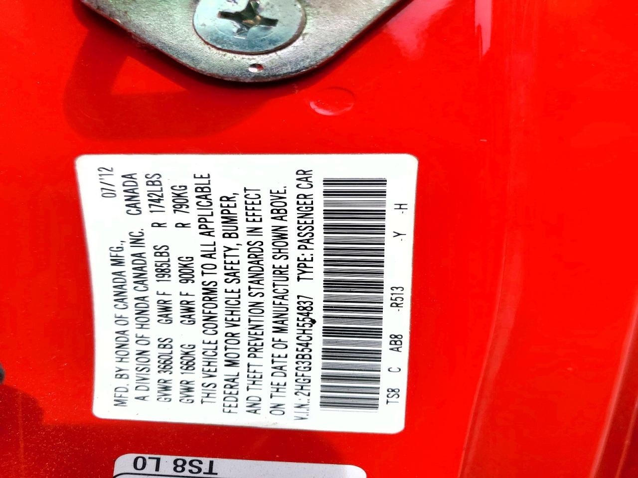 2012 Honda Civic Lx Red vin: 2HGFG3B54CH554837