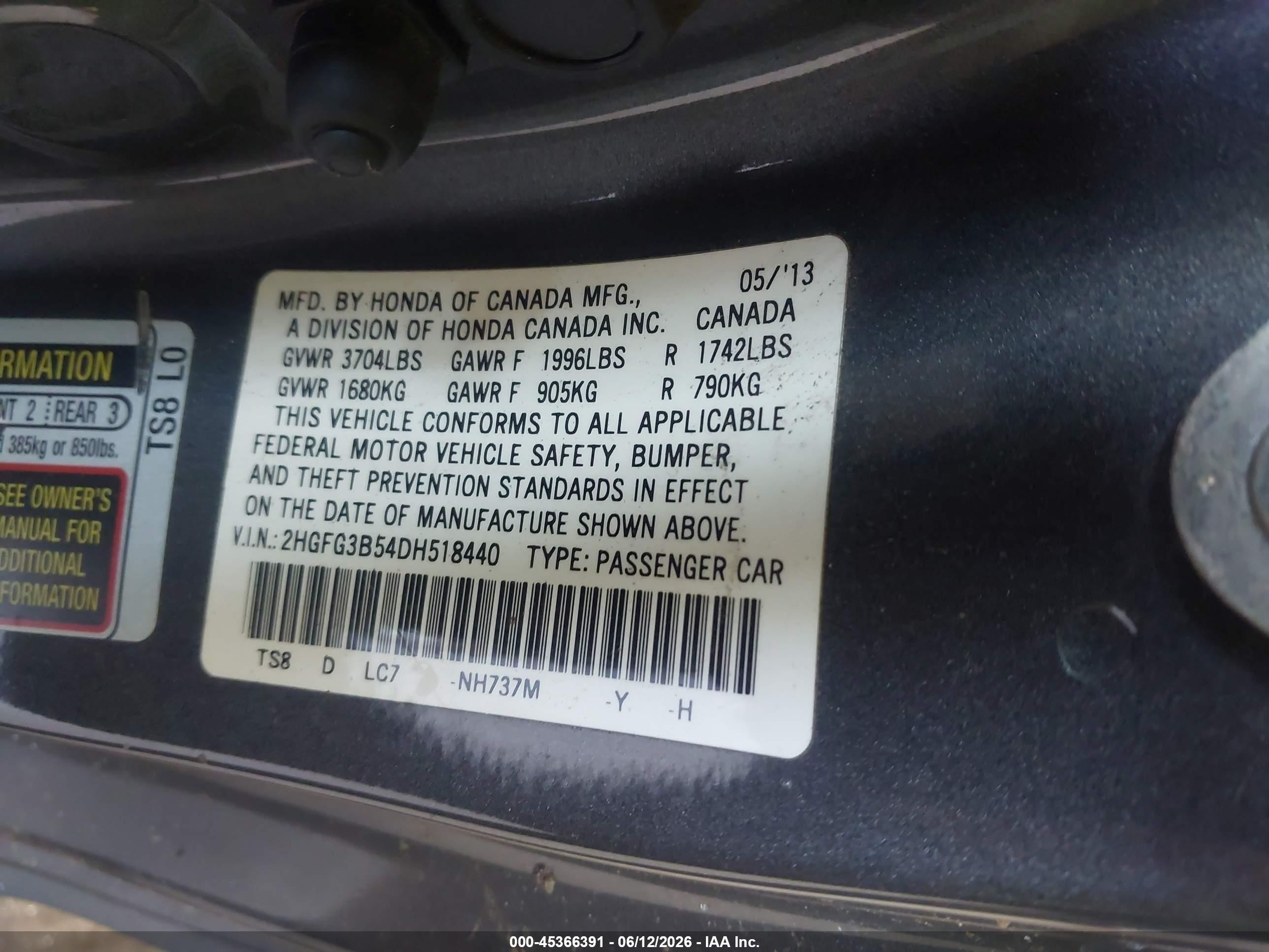 2013 Honda Civic Lx Gray vin: 2HGFG3B54DH518440