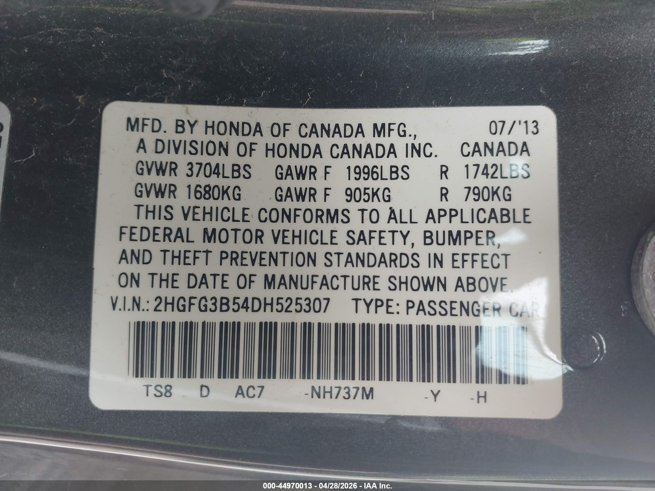 2013 Honda Civic Lx Gray vin: 2HGFG3B54DH525307