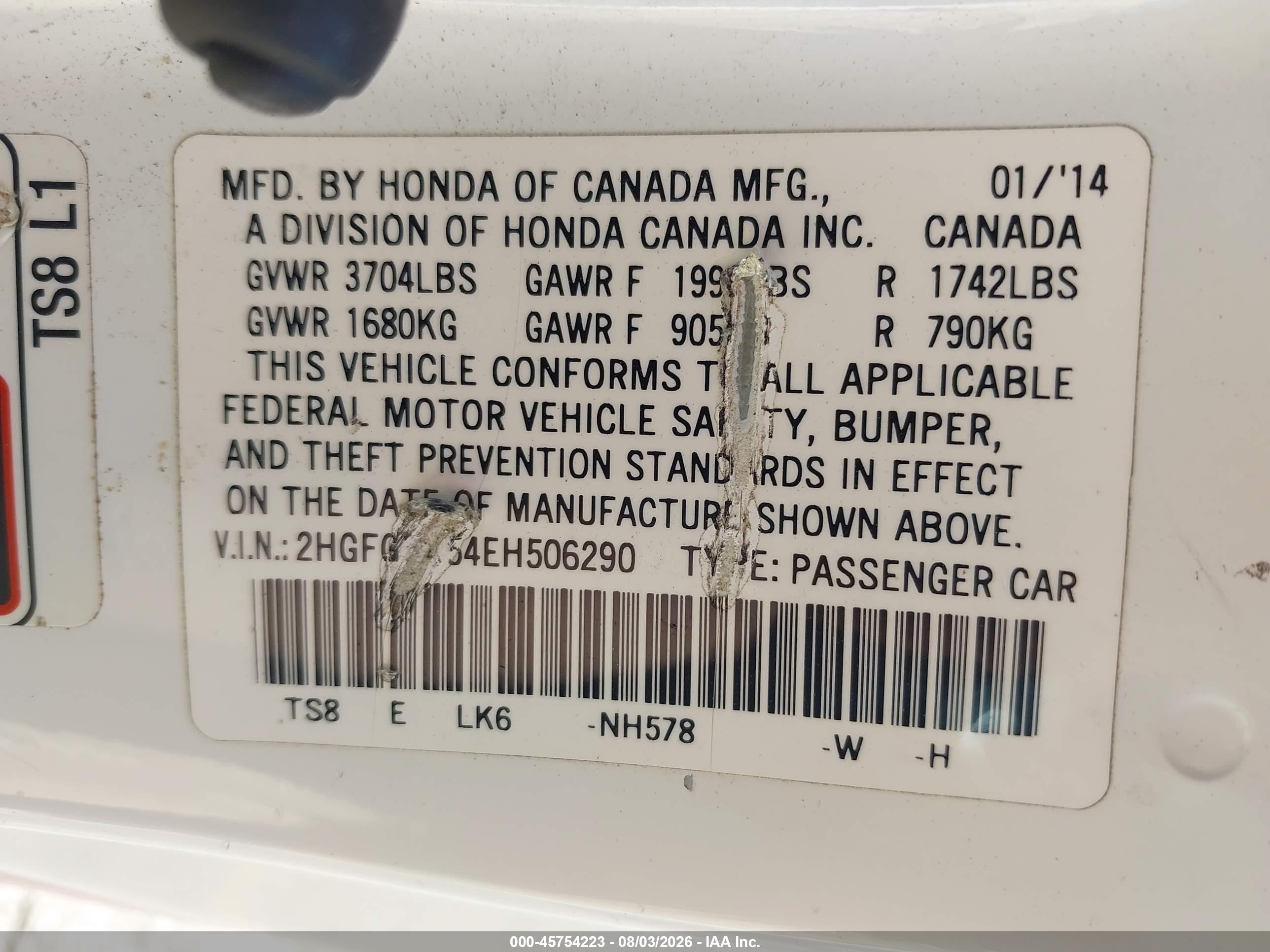 2014 Honda Civic Lx White vin: 2HGFG3B54EH506290