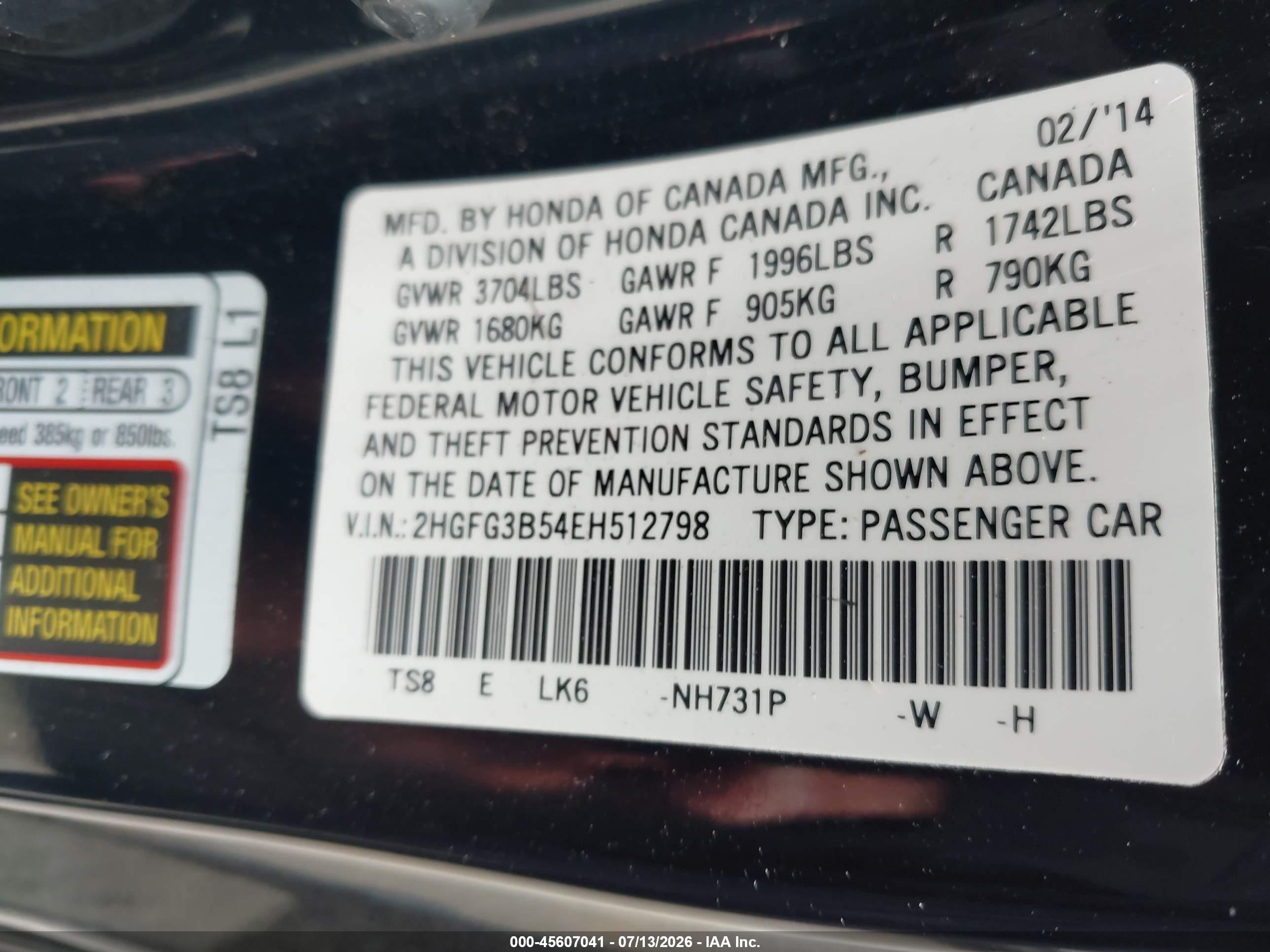 2014 Honda Civic Lx Black vin: 2HGFG3B54EH512798