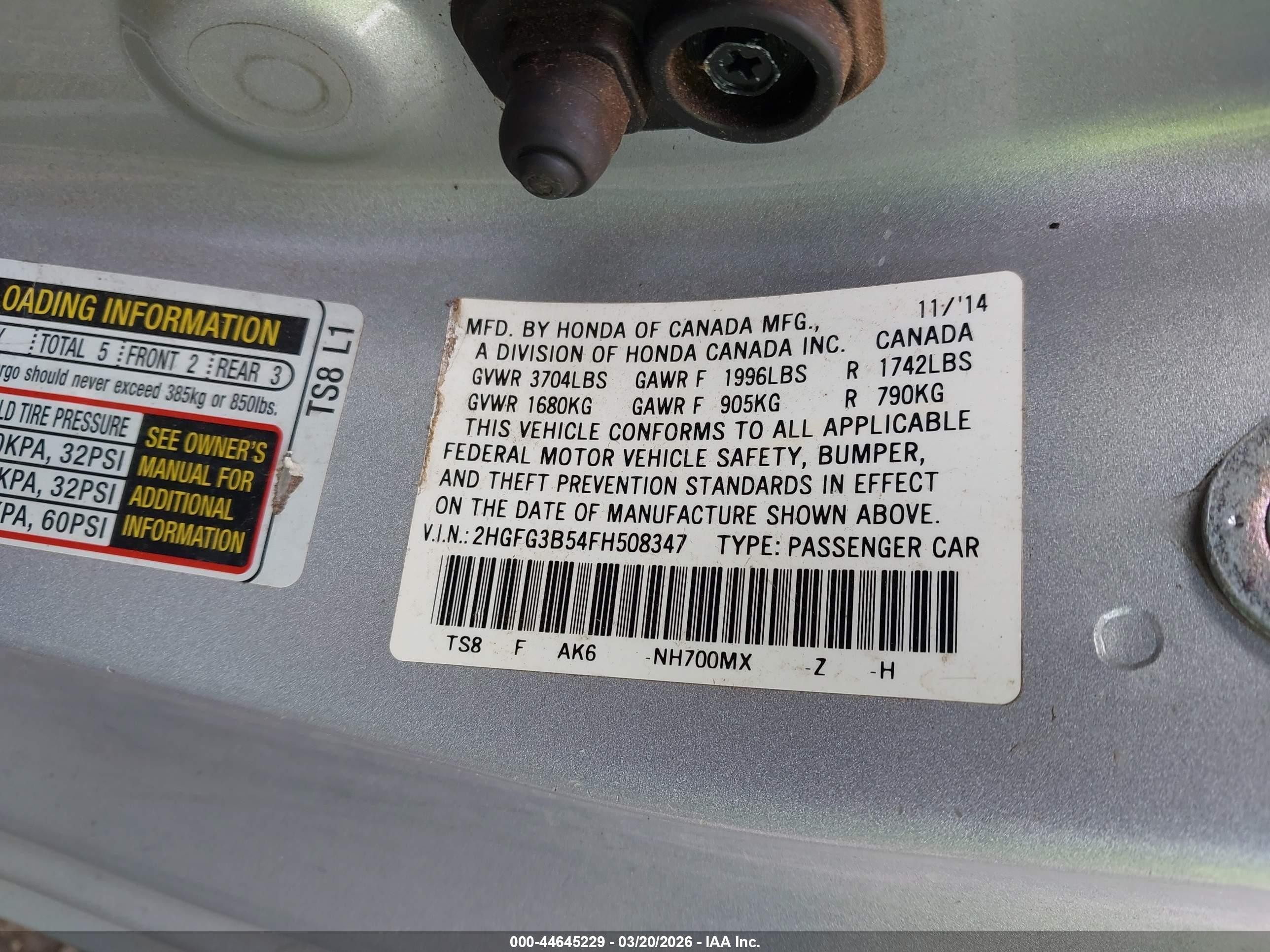 2015 Honda Civic Lx Silver vin: 2HGFG3B54FH508347
