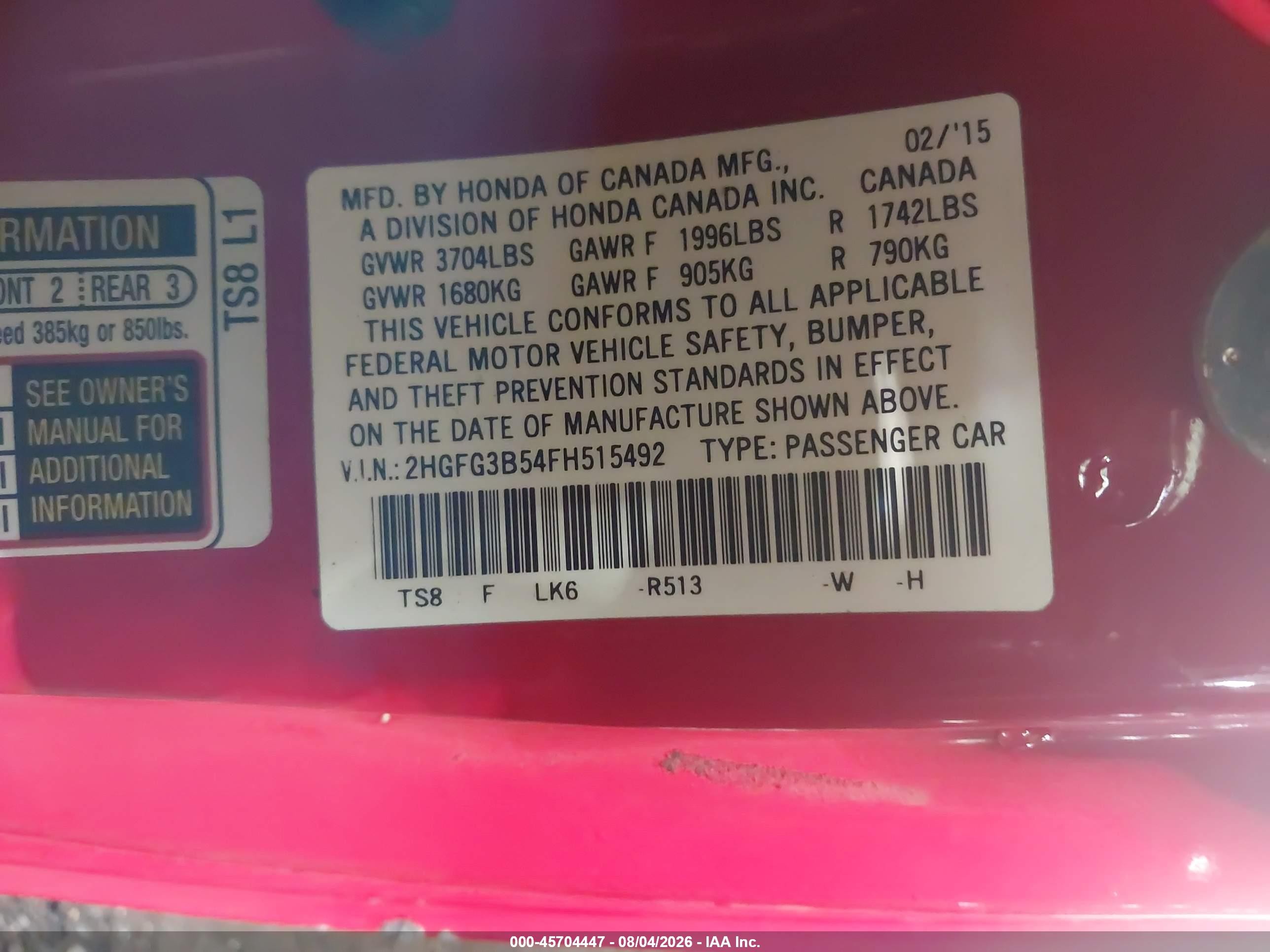 2015 Honda Civic Lx Red vin: 2HGFG3B54FH515492