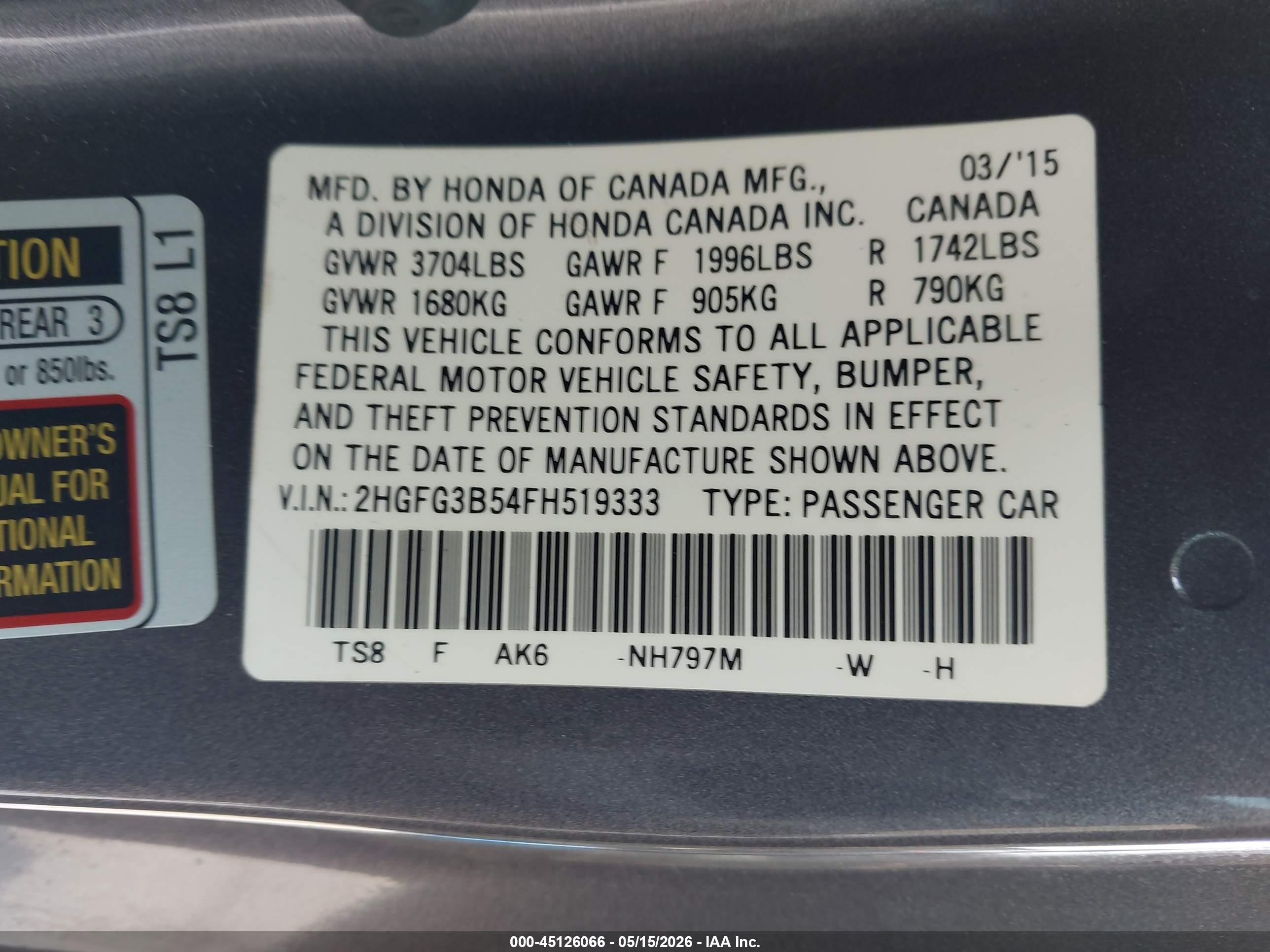 2015 Honda Civic Lx Gray vin: 2HGFG3B54FH519333