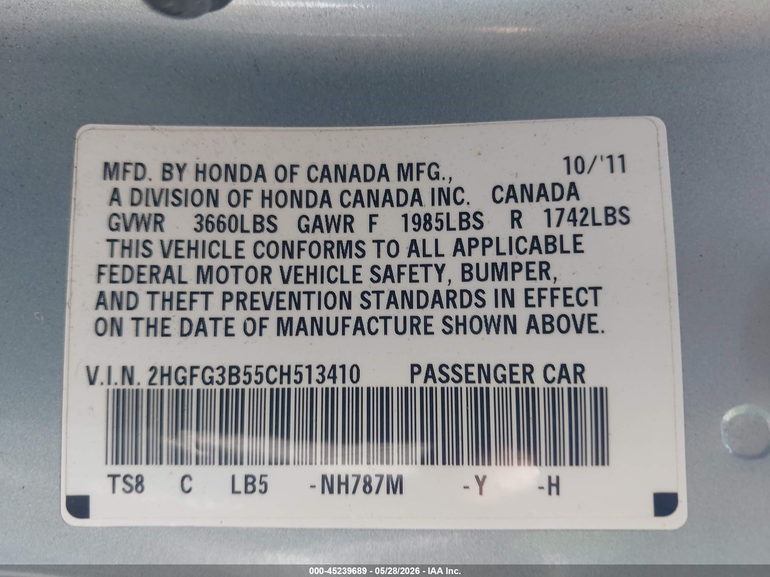 2012 Honda Civic Lx Light Blue vin: 2HGFG3B55CH513410