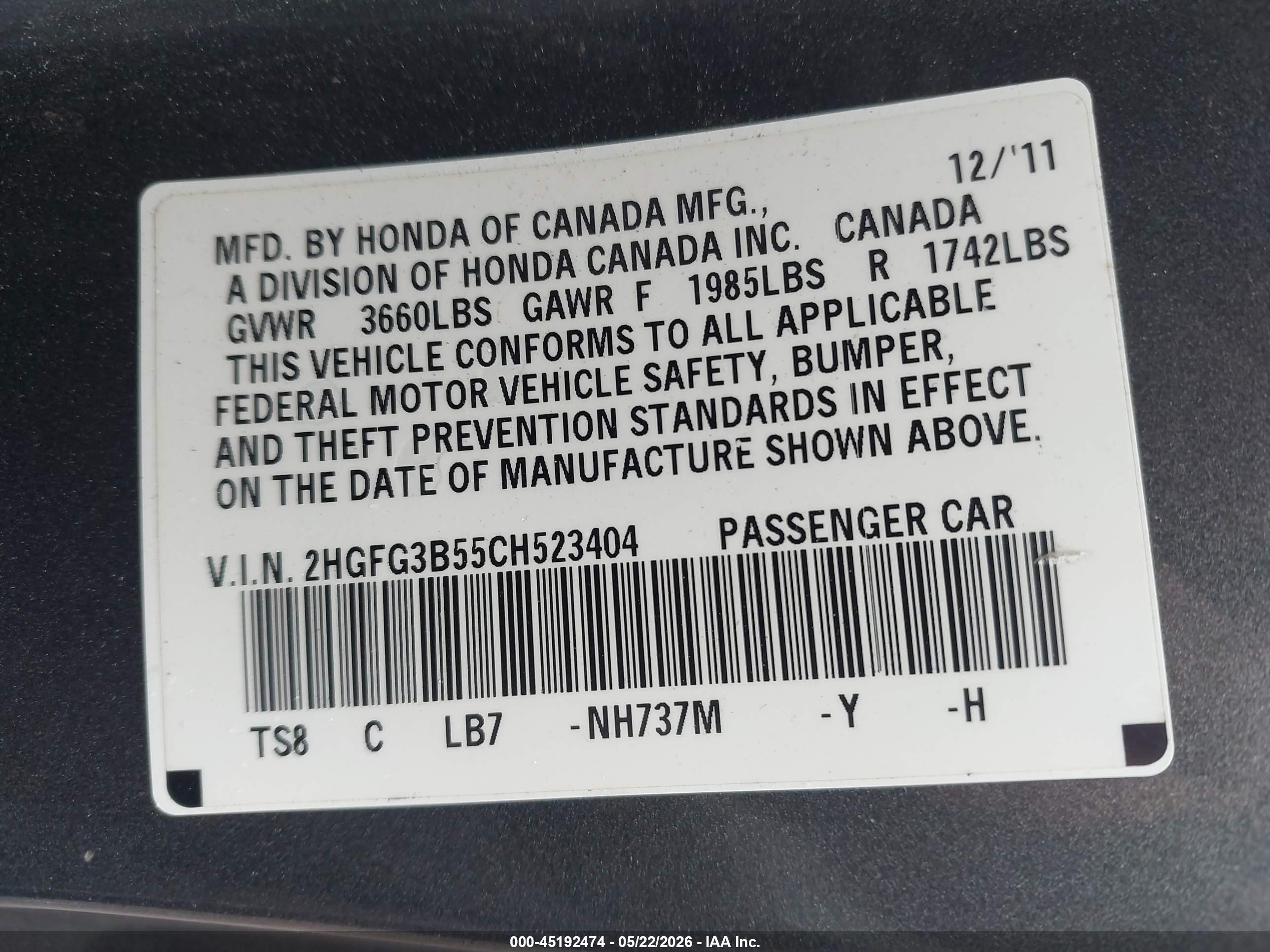 2012 Honda Civic Lx Серый vin: 2HGFG3B55CH523404