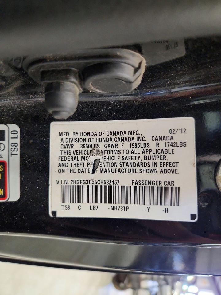 2012 Honda Civic Lx Black vin: 2HGFG3B55CH532457