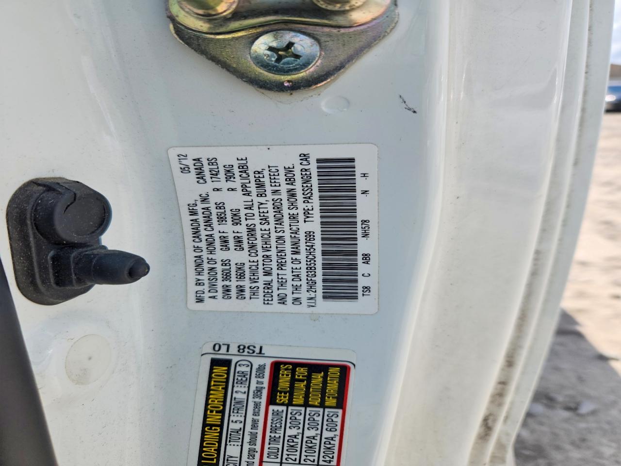 2012 Honda Civic Lx White vin: 2HGFG3B55CH547699