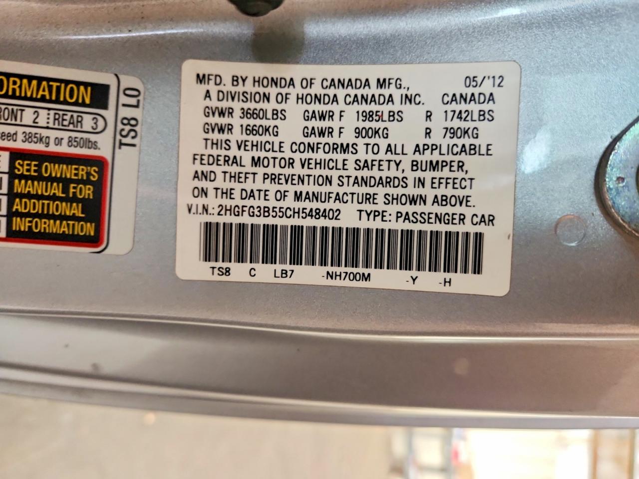 2012 Honda Civic Lx Silver vin: 2HGFG3B55CH548402
