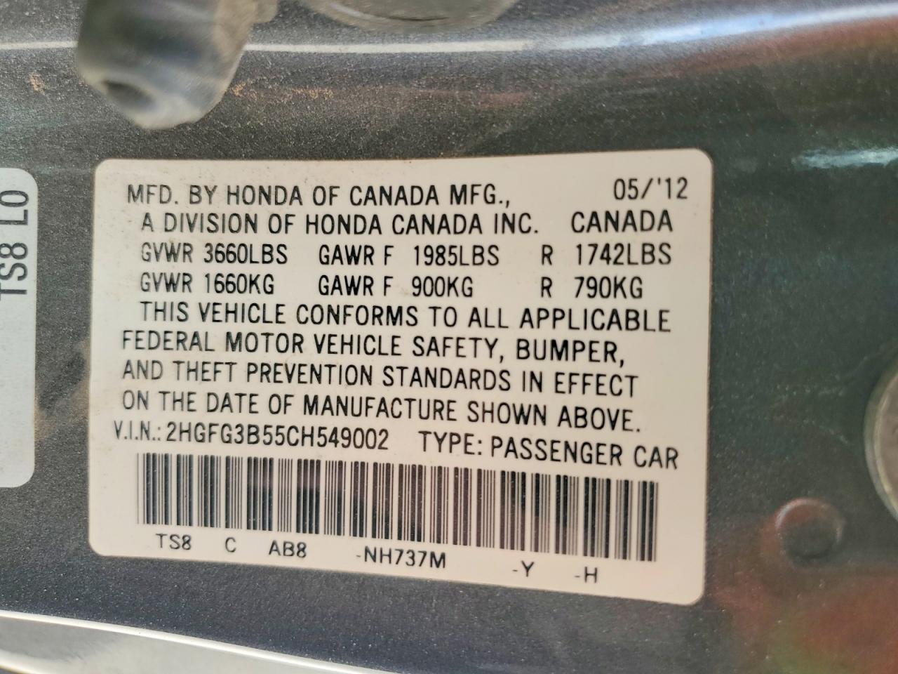 2012 Honda Civic Lx Gray vin: 2HGFG3B55CH549002