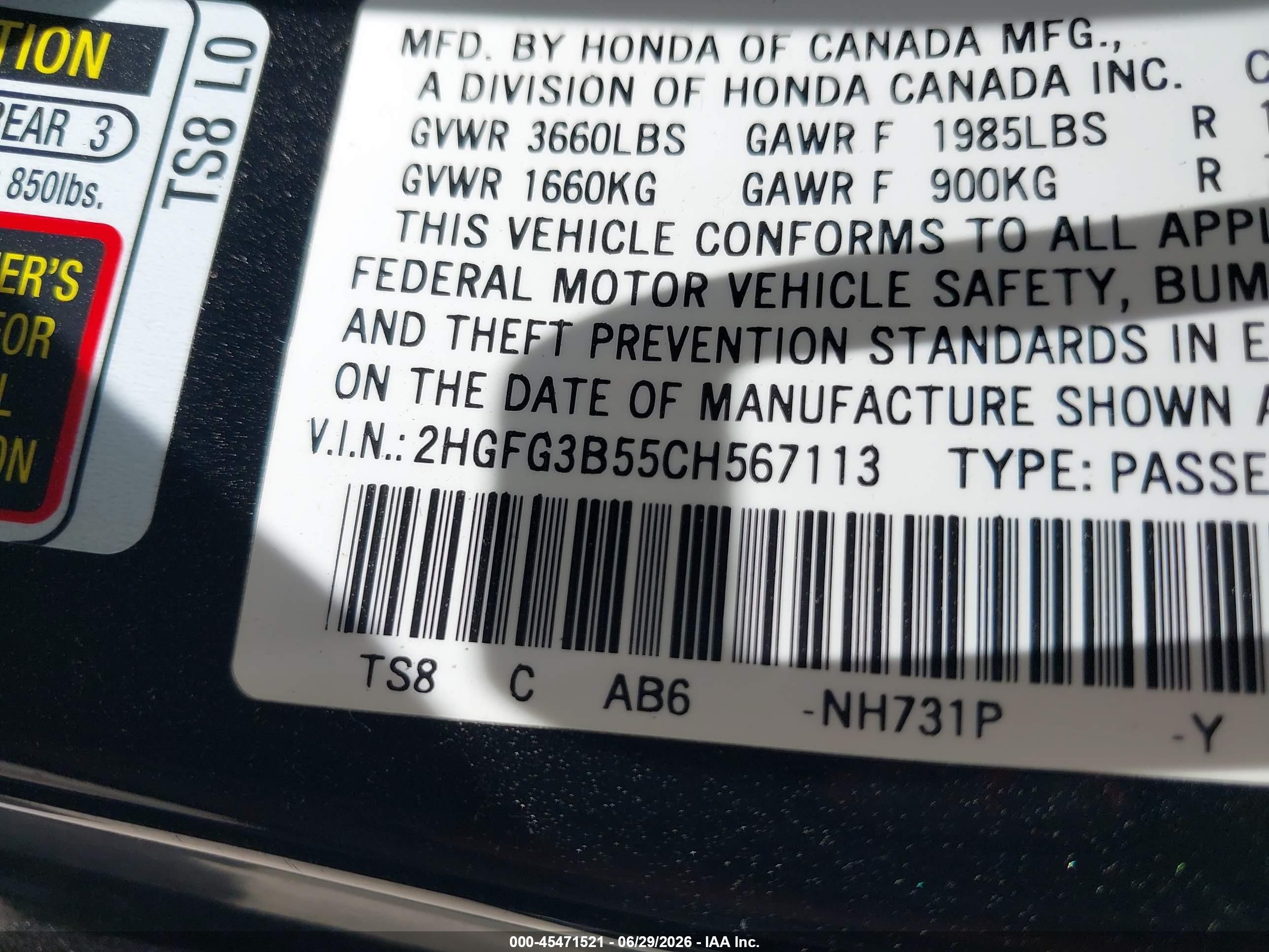 2012 Honda Civic Lx Black vin: 2HGFG3B55CH567113