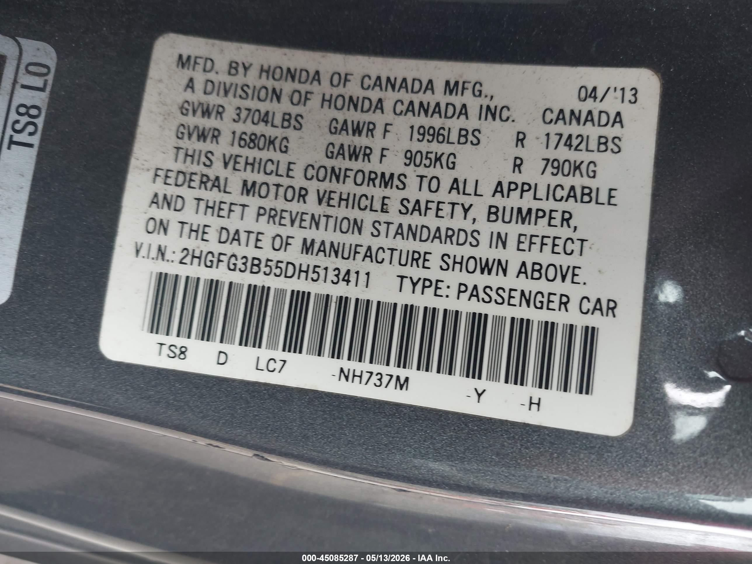 2013 Honda Civic Lx Gray vin: 2HGFG3B55DH513411