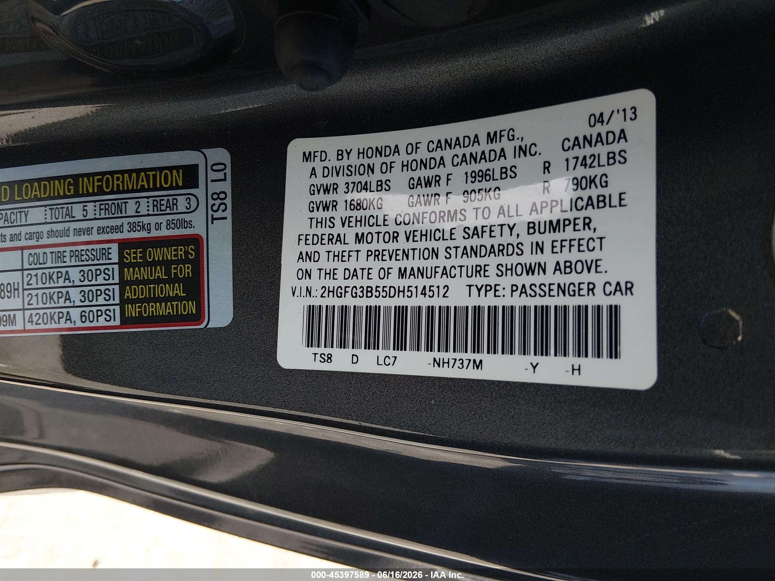 2013 Honda Civic Lx Gray vin: 2HGFG3B55DH514512