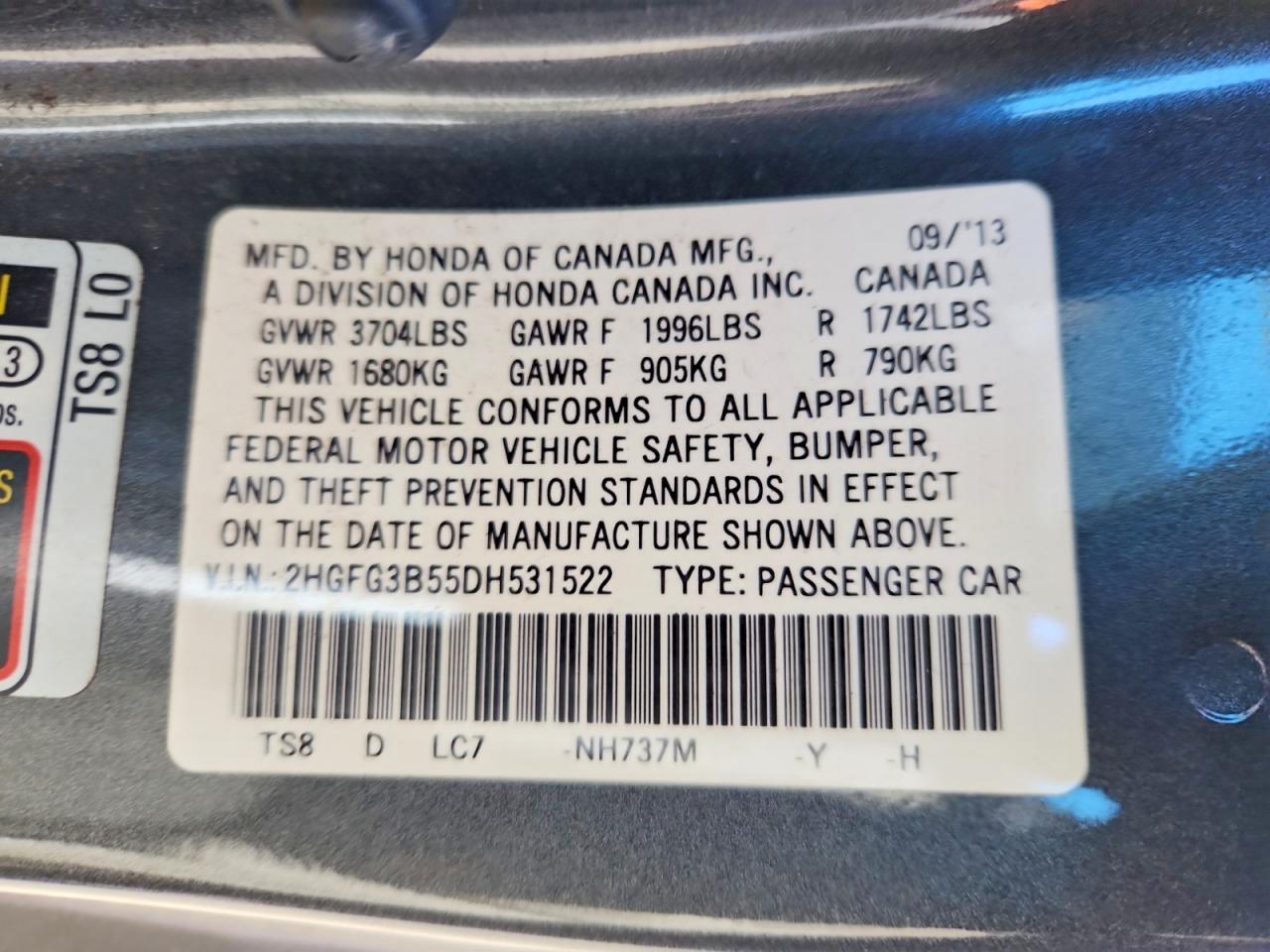 2013 Honda Civic Lx Gray vin: 2HGFG3B55DH531522