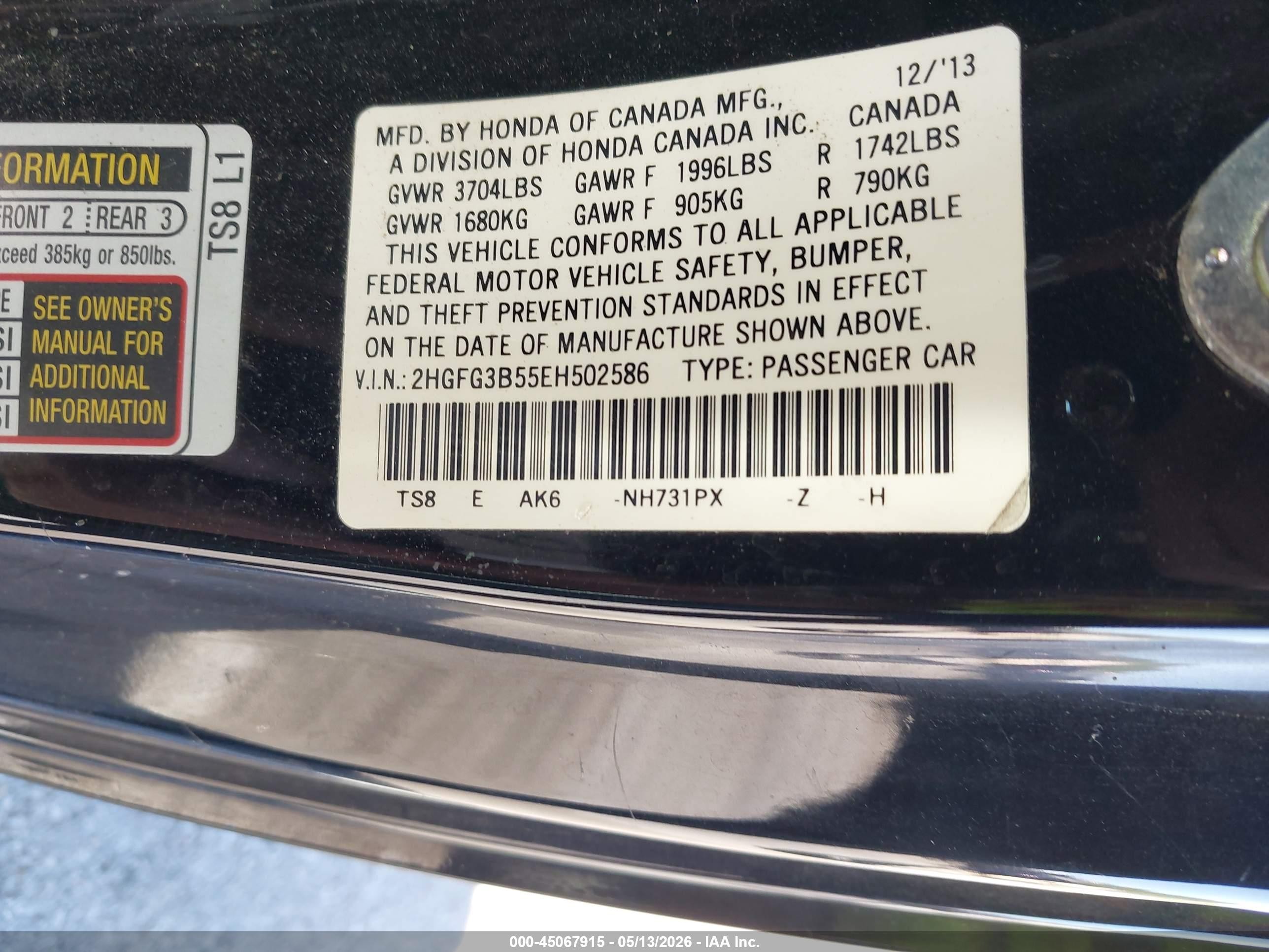 2014 Honda Civic Lx Black vin: 2HGFG3B55EH502586