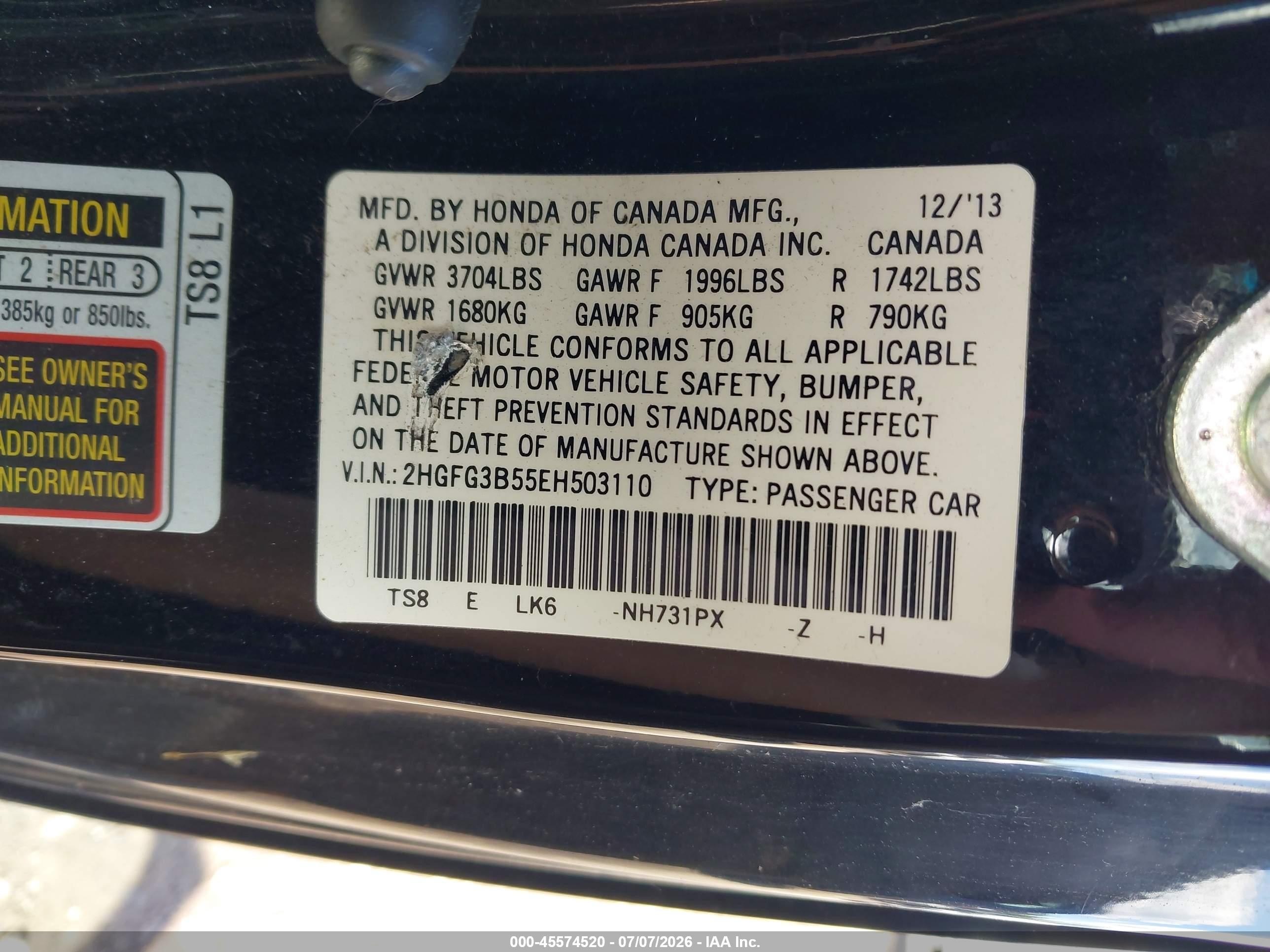2014 Honda Civic Lx Black vin: 2HGFG3B55EH503110