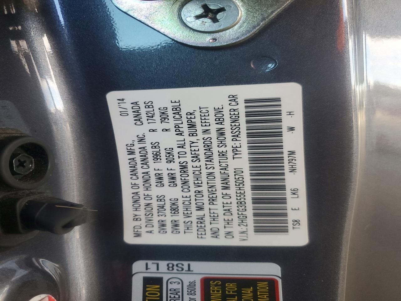 2014 Honda Civic Lx Gray vin: 2HGFG3B55EH505701