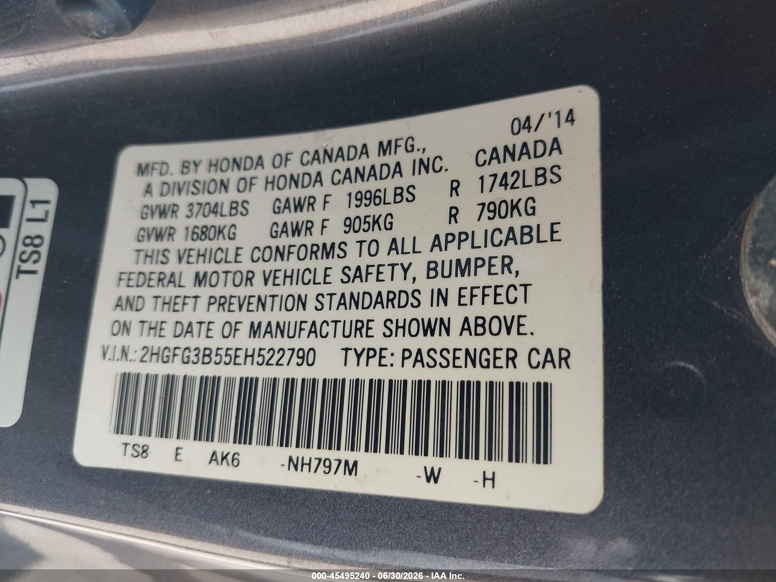 2014 Honda Civic Lx Gray vin: 2HGFG3B55EH522790