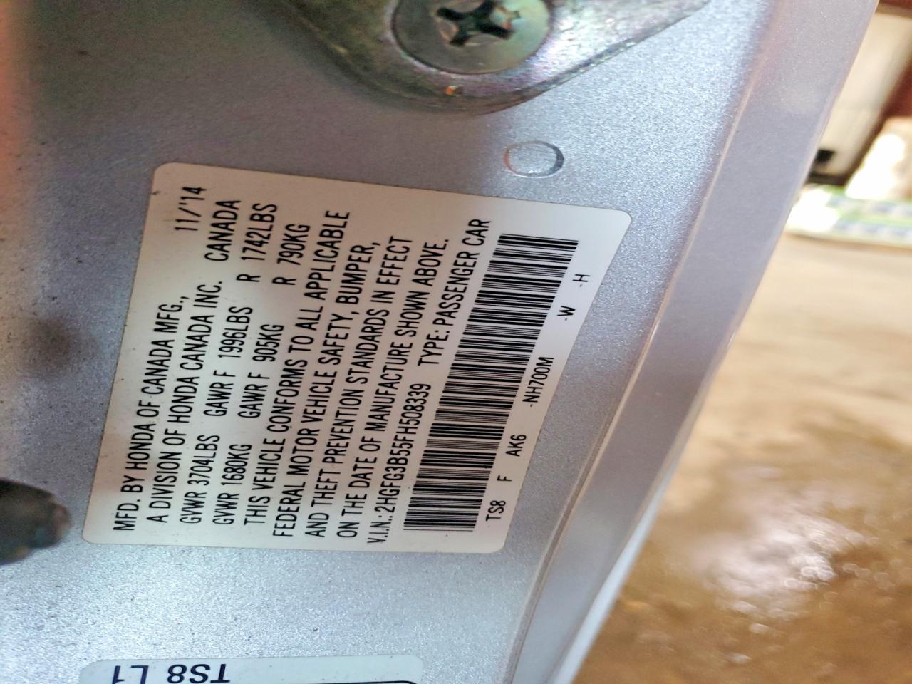 2015 Honda Civic Lx Silver vin: 2HGFG3B55FH508339