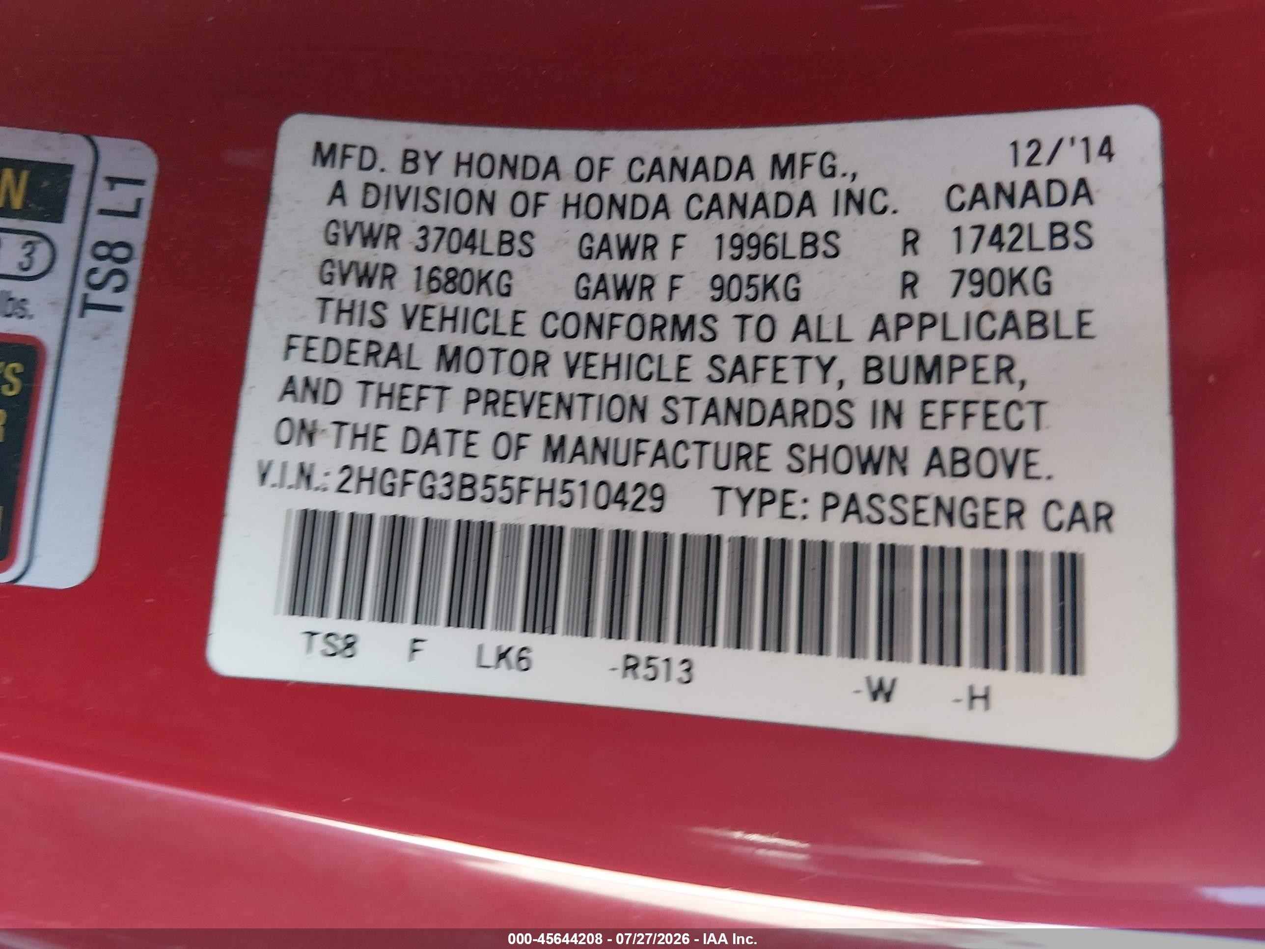 2015 Honda Civic Lx Red vin: 2HGFG3B55FH510429