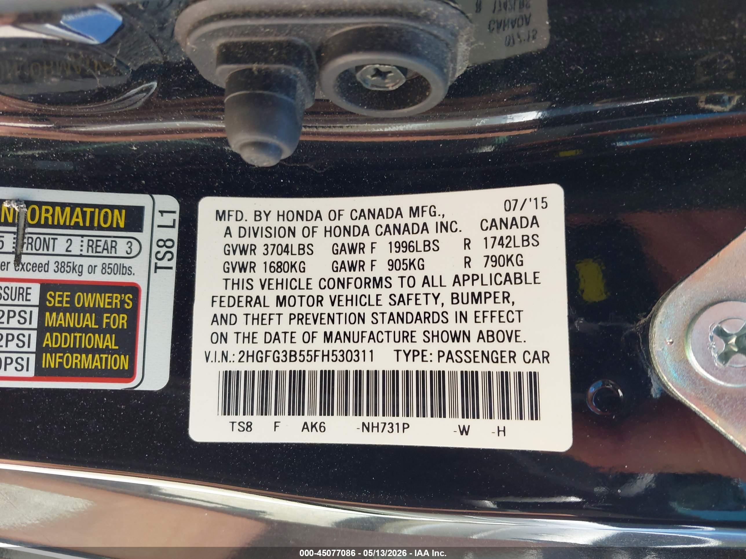 2015 Honda Civic Lx Black vin: 2HGFG3B55FH530311