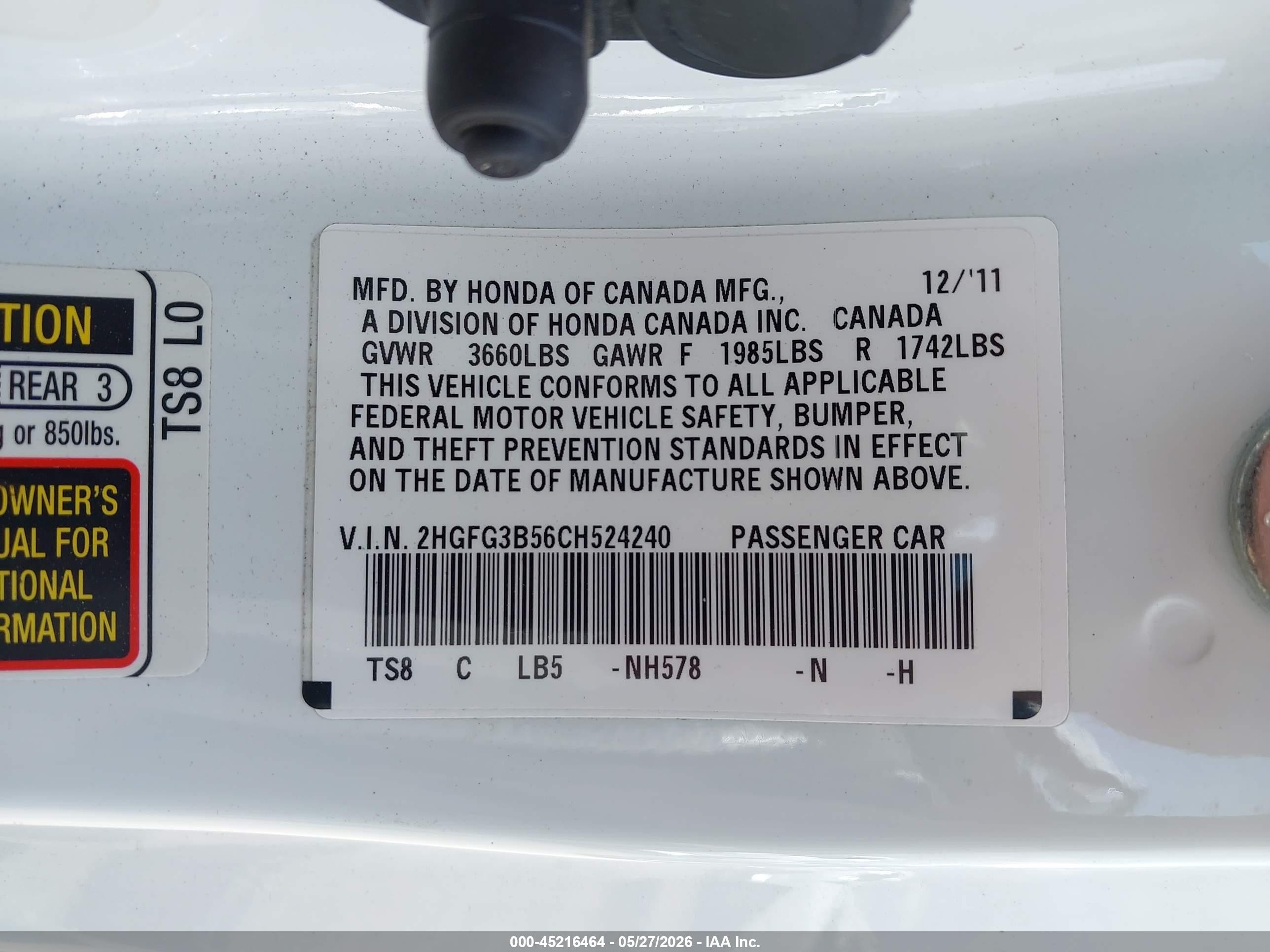 2012 Honda Civic Lx White vin: 2HGFG3B56CH524240