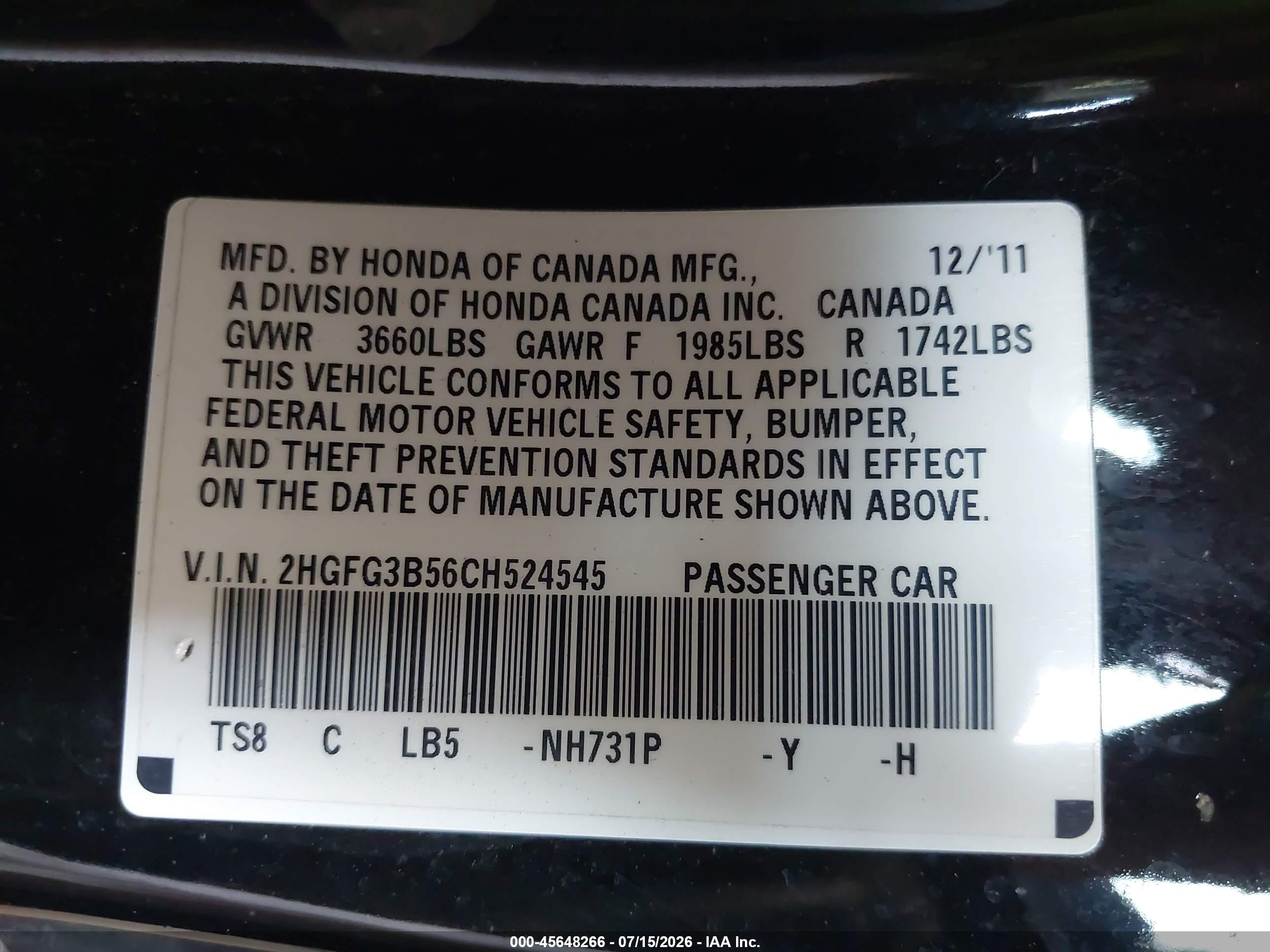2012 Honda Civic Lx Черный vin: 2HGFG3B56CH524545