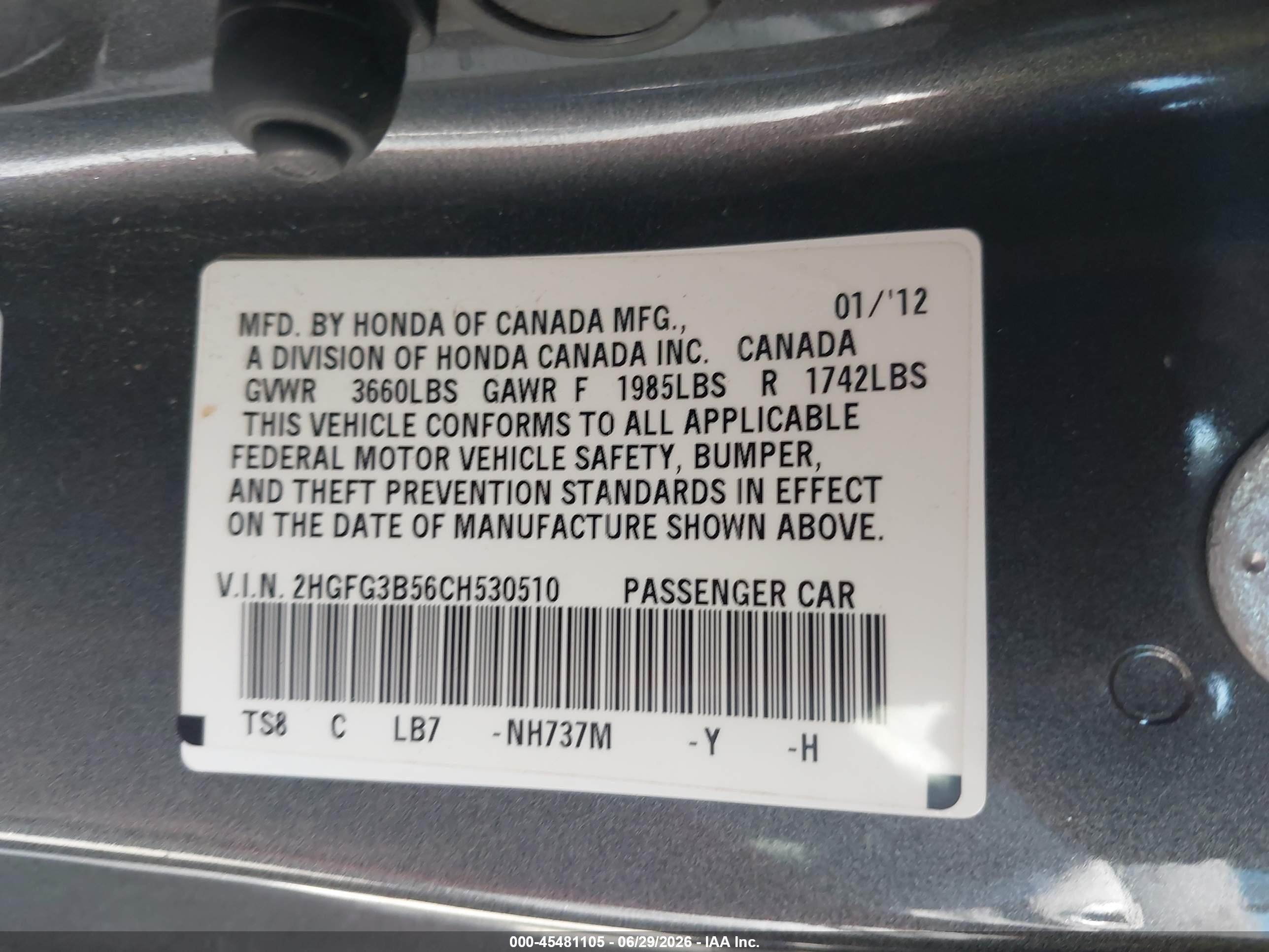 2012 Honda Civic Lx Gray vin: 2HGFG3B56CH530510