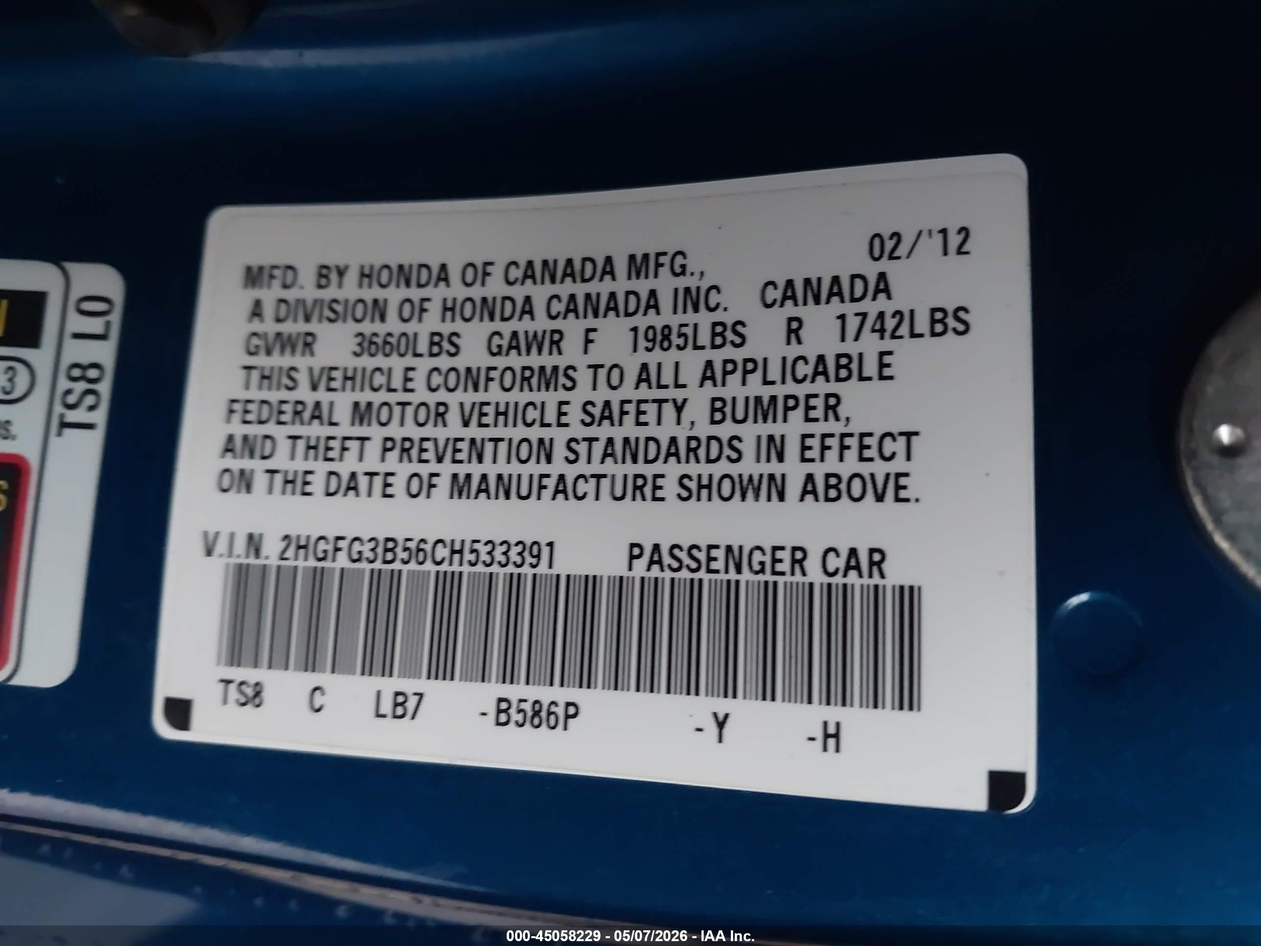 2012 Honda Civic Lx Blue vin: 2HGFG3B56CH533391