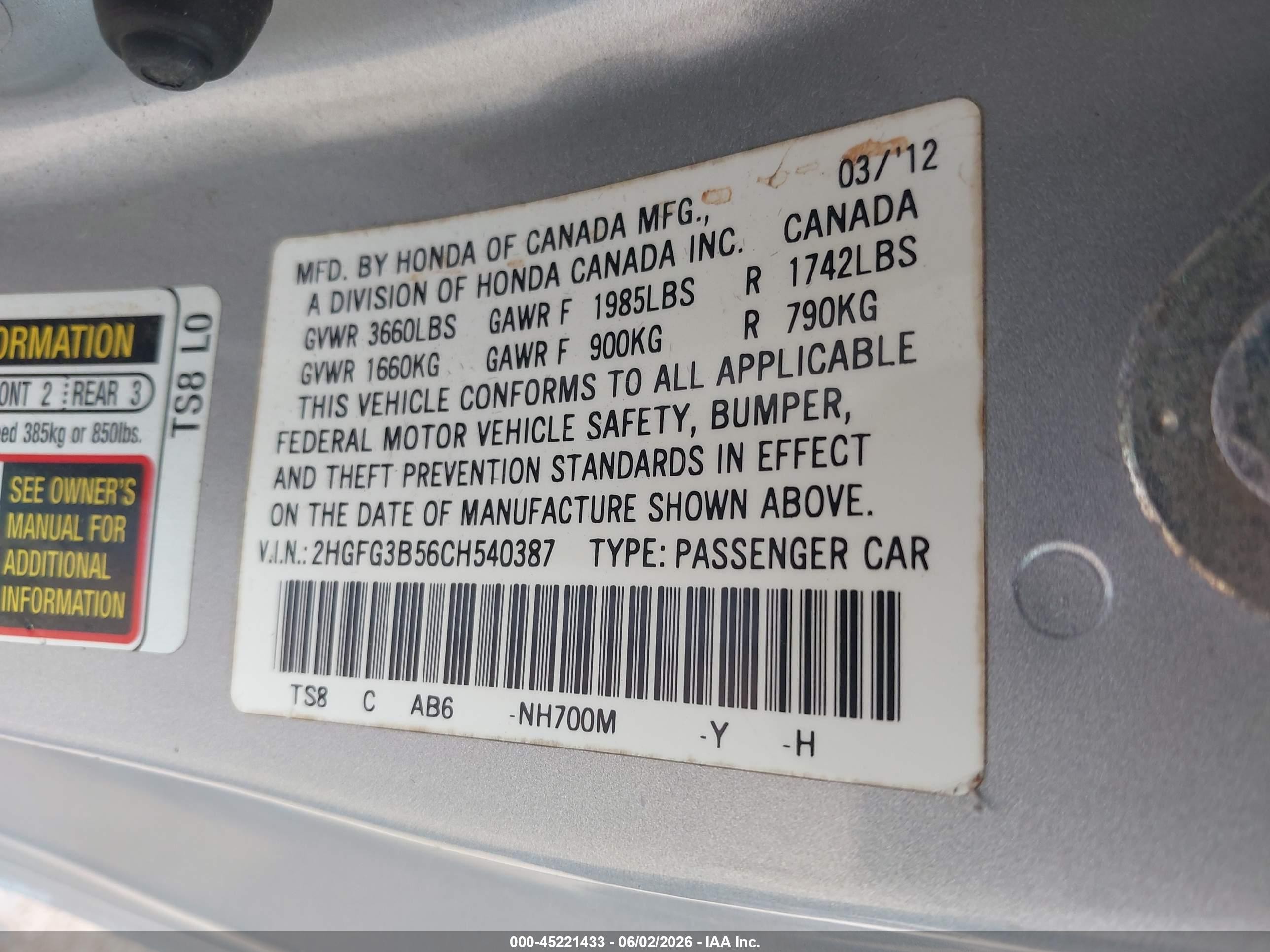 2012 Honda Civic Lx Silver vin: 2HGFG3B56CH540387