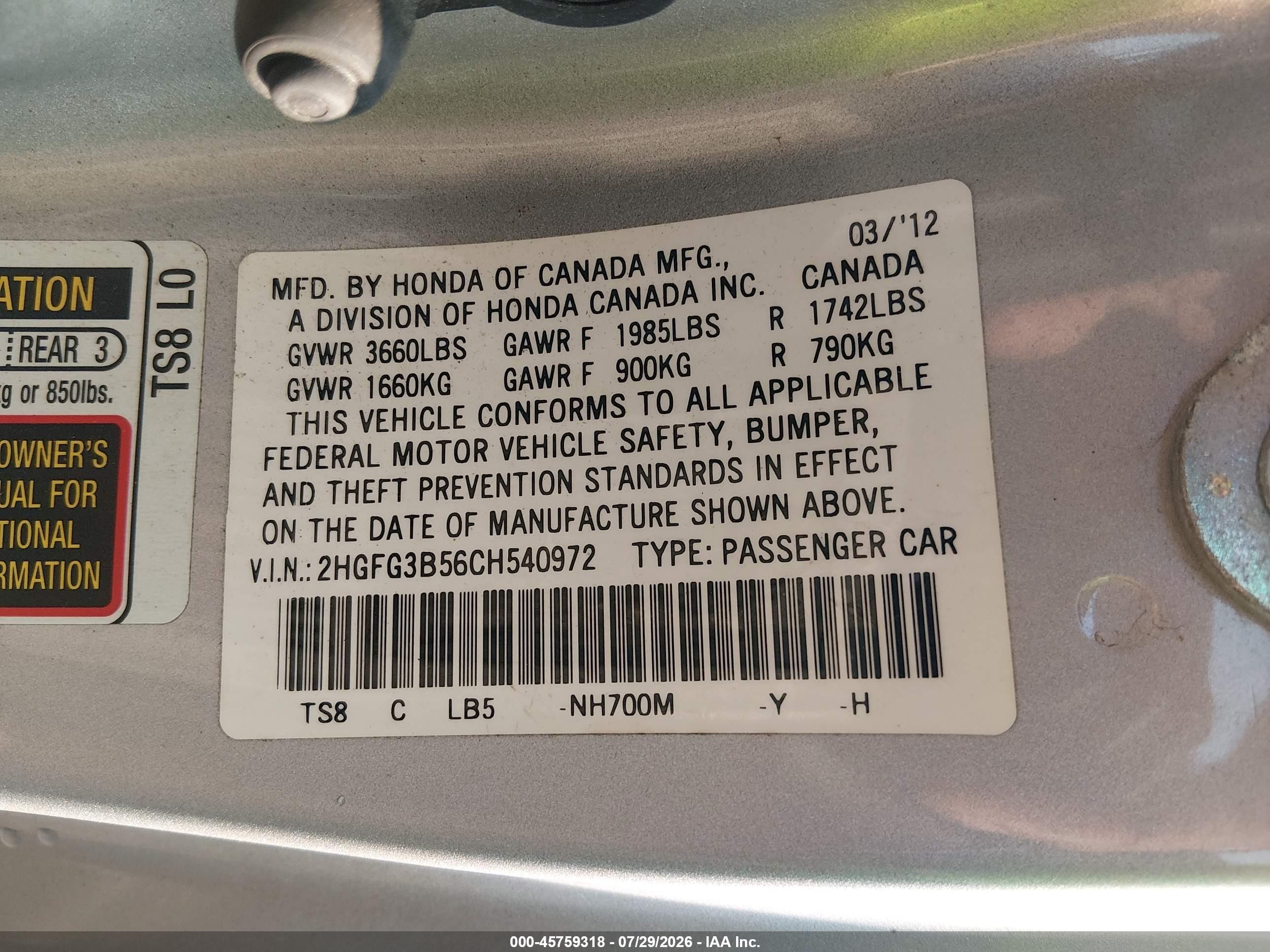 2012 Honda Civic Lx Silver vin: 2HGFG3B56CH540972