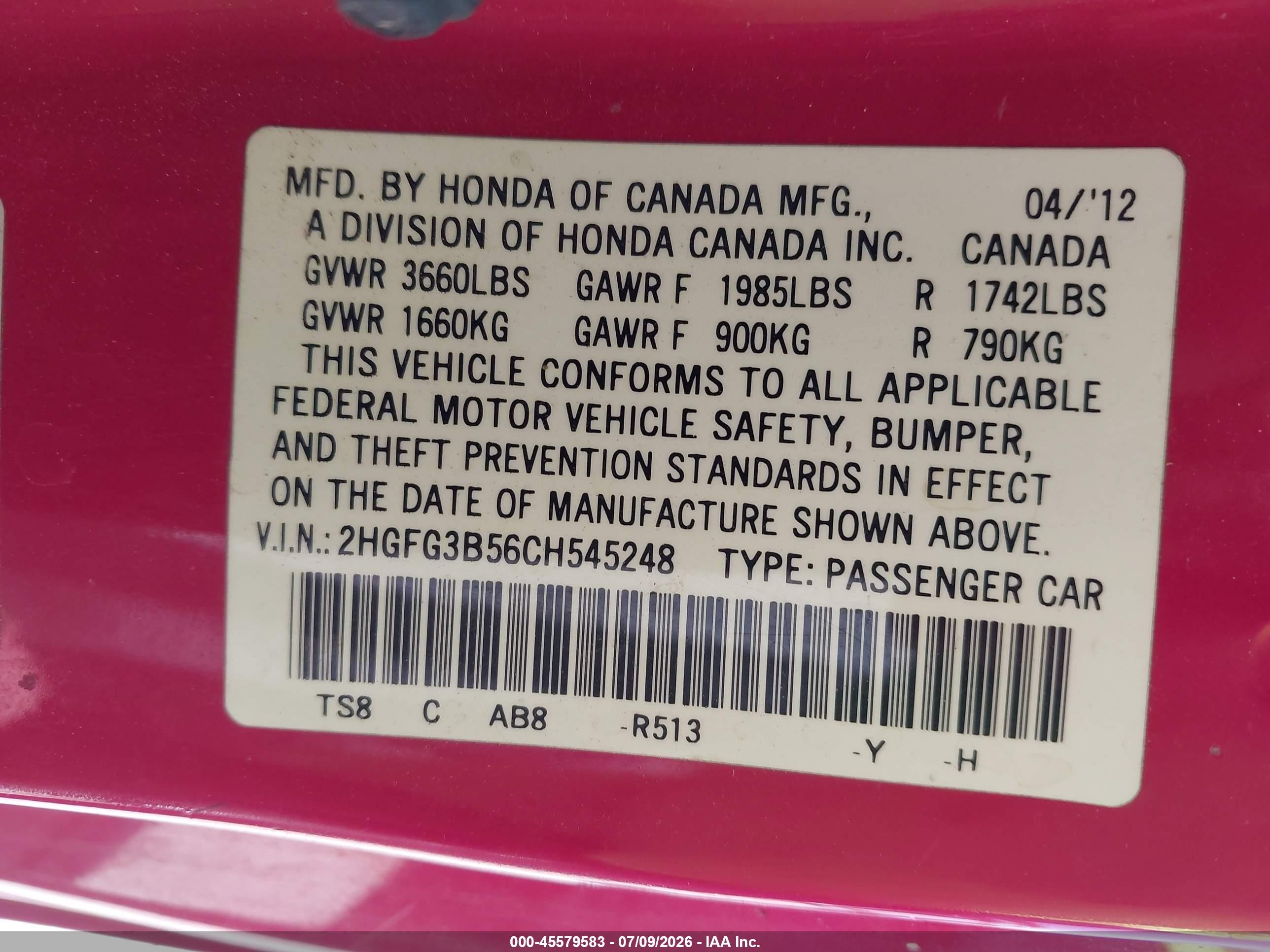 2012 Honda Civic Lx Red vin: 2HGFG3B56CH545248