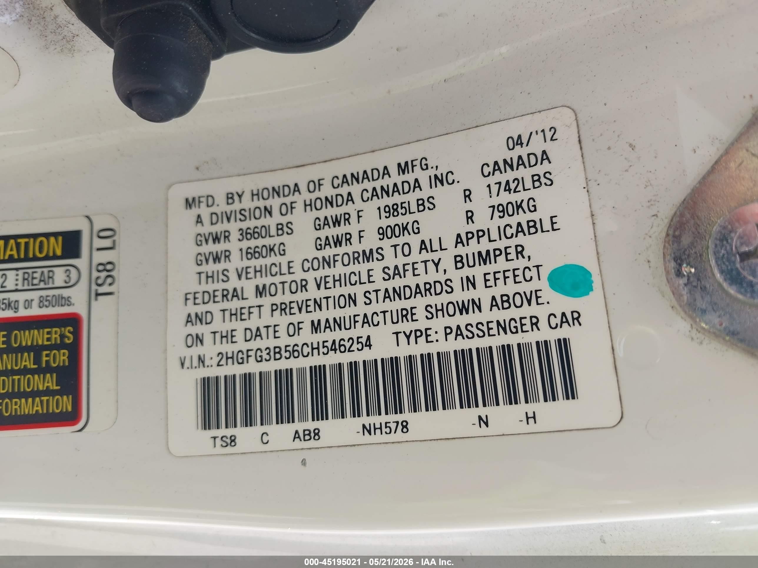 2012 Honda Civic Lx White vin: 2HGFG3B56CH546254
