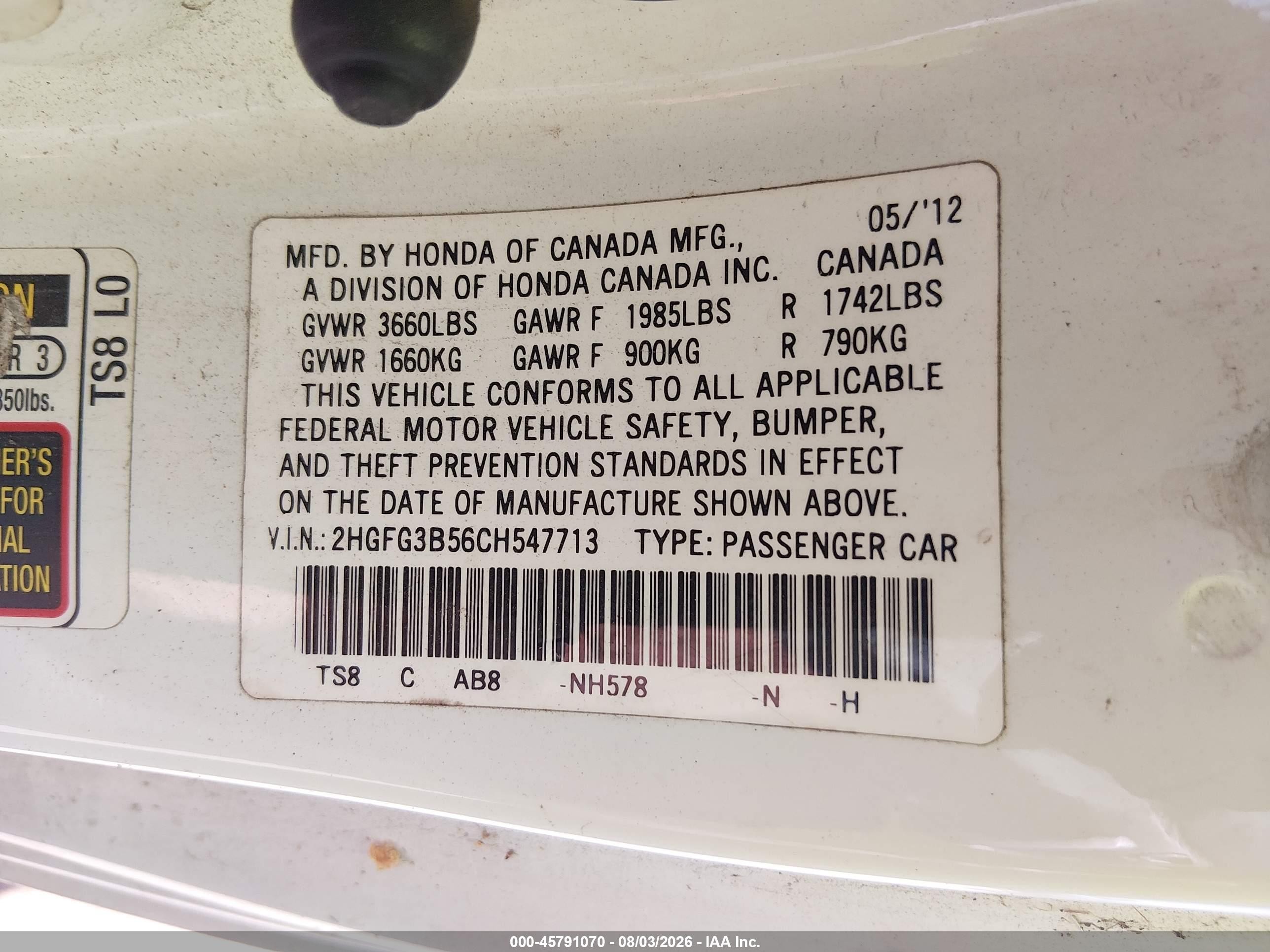 2012 Honda Civic Lx Белый vin: 2HGFG3B56CH547713