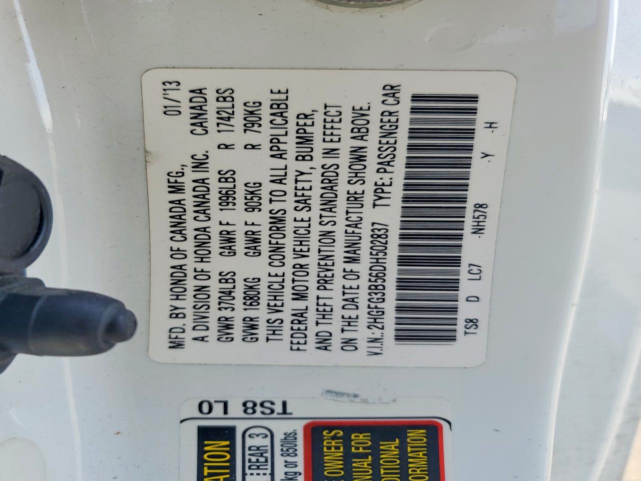 2013 Honda Civic Lx White vin: 2HGFG3B56DH502837