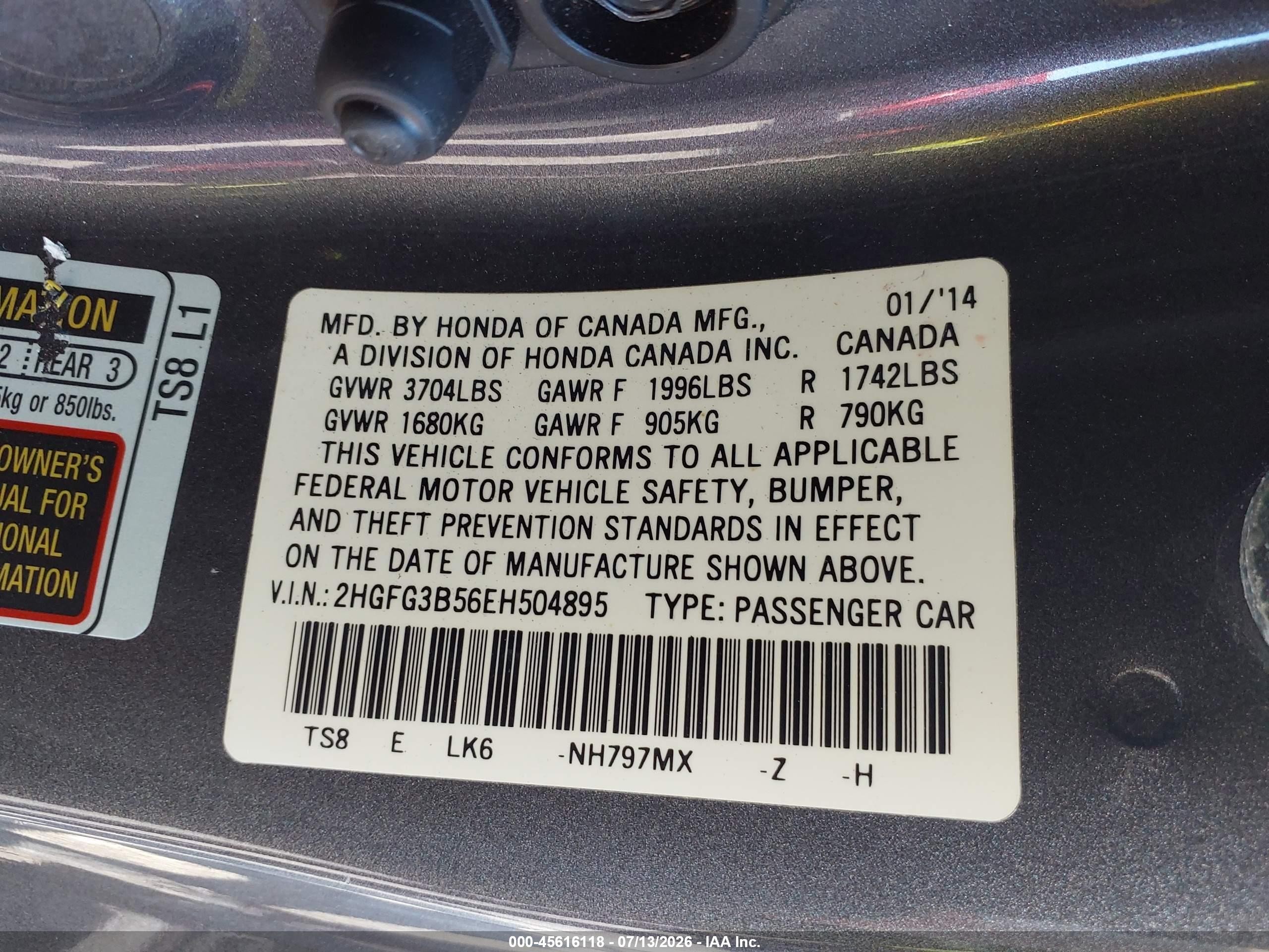 2014 Honda Civic Lx Gray vin: 2HGFG3B56EH504895