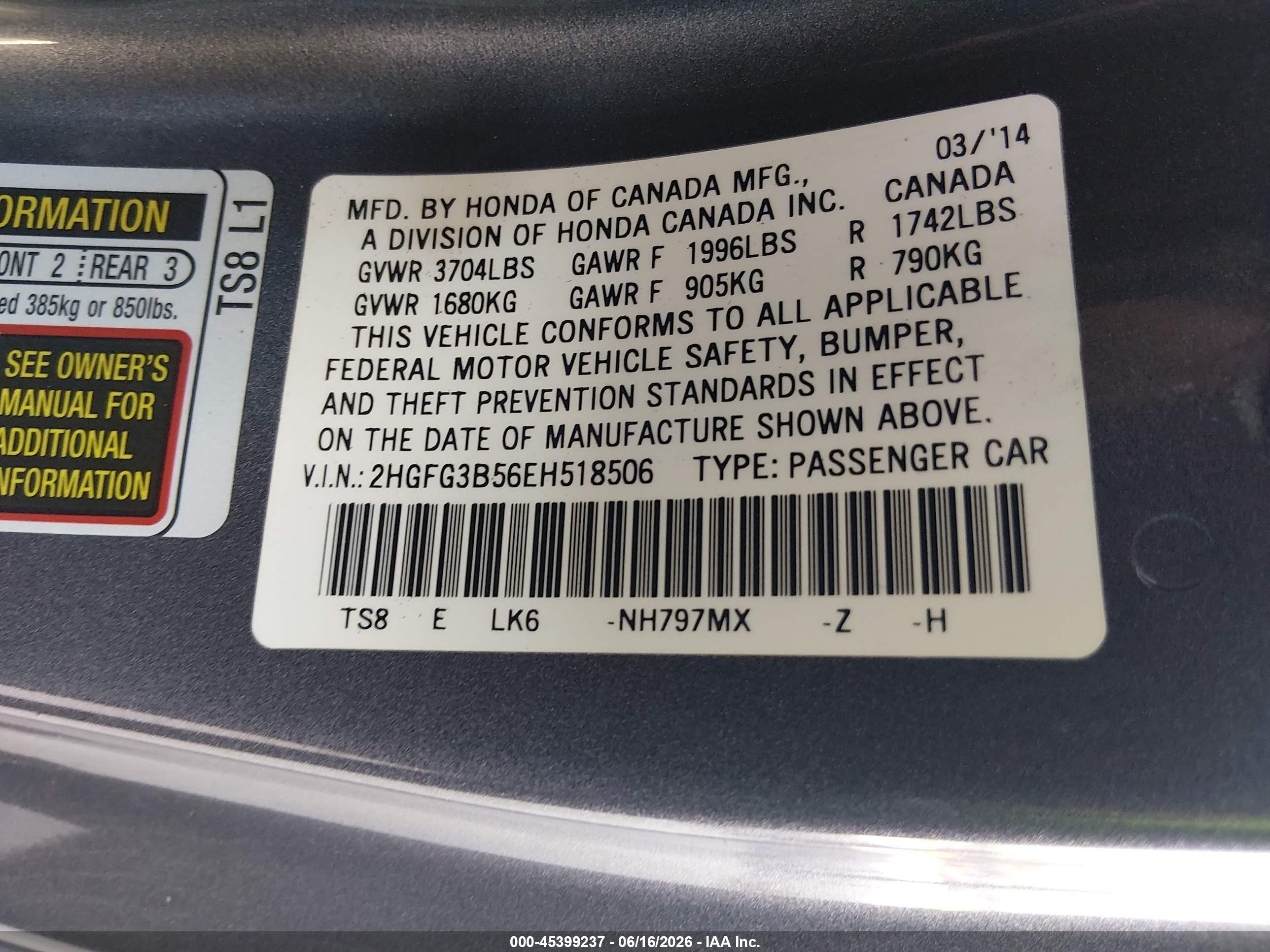 2014 Honda Civic Lx Серый vin: 2HGFG3B56EH518506