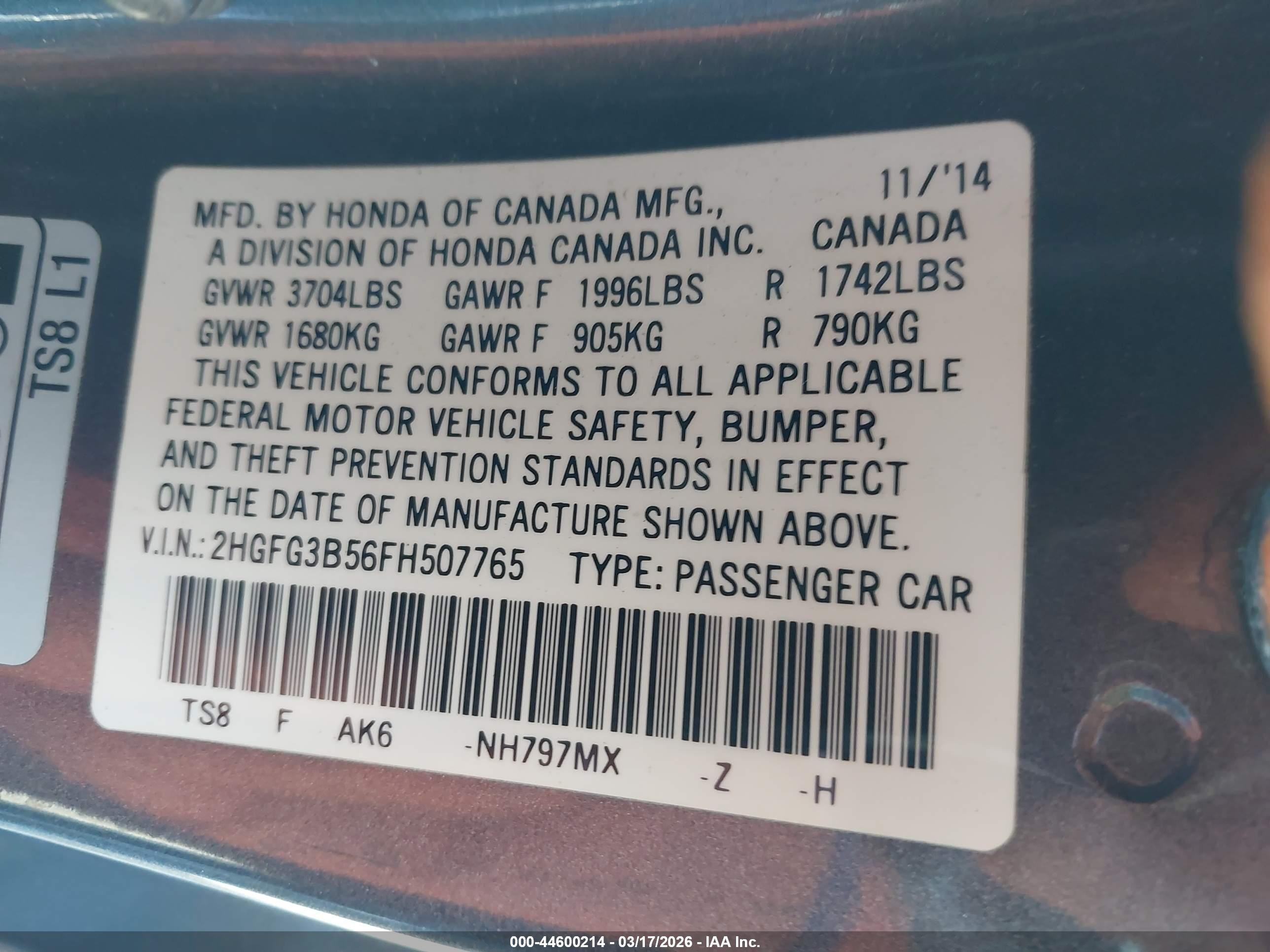 2015 Honda Civic Lx Gray vin: 2HGFG3B56FH507765