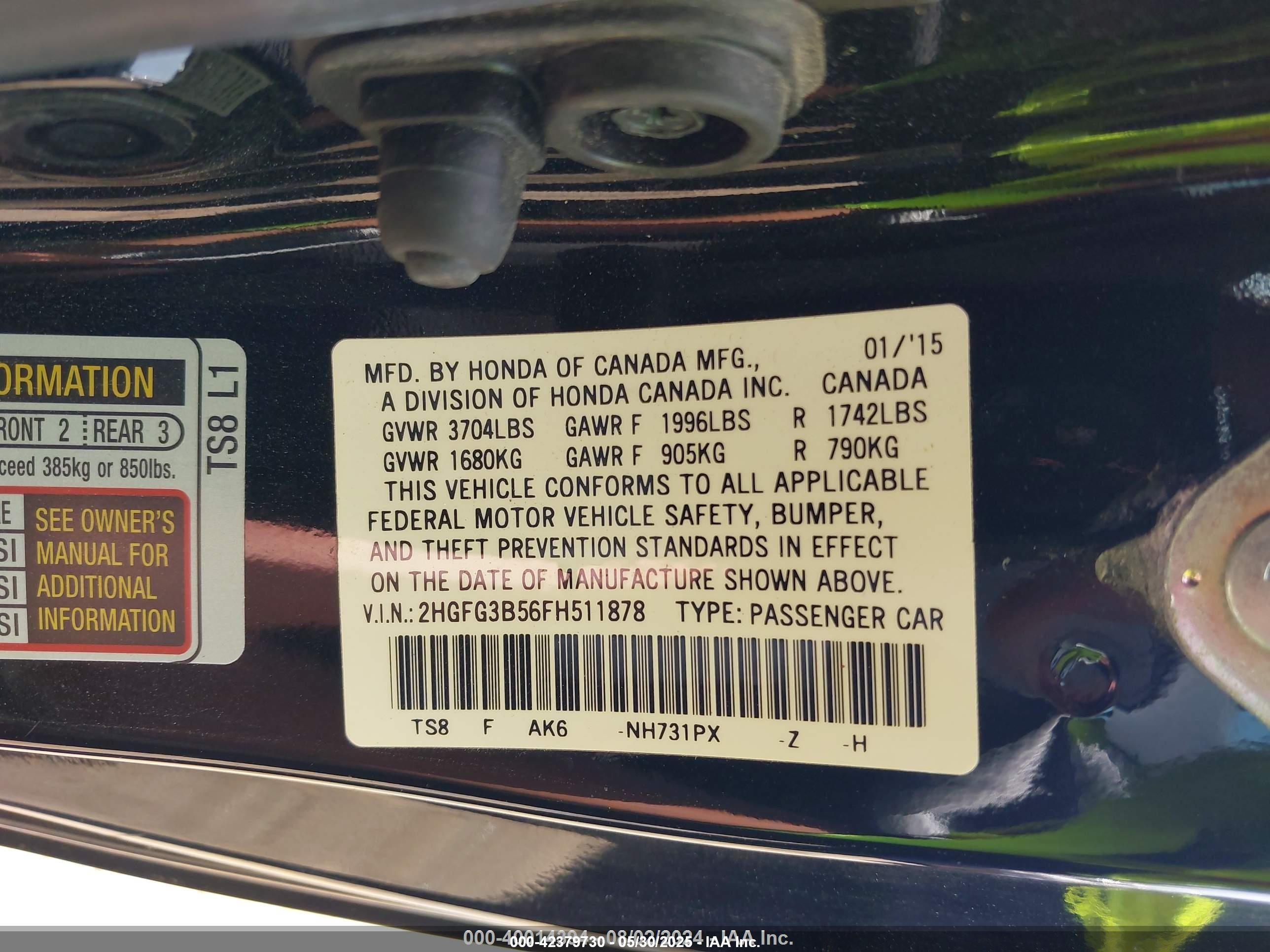 2015 Honda Civic Lx Black vin: 2HGFG3B56FH511878