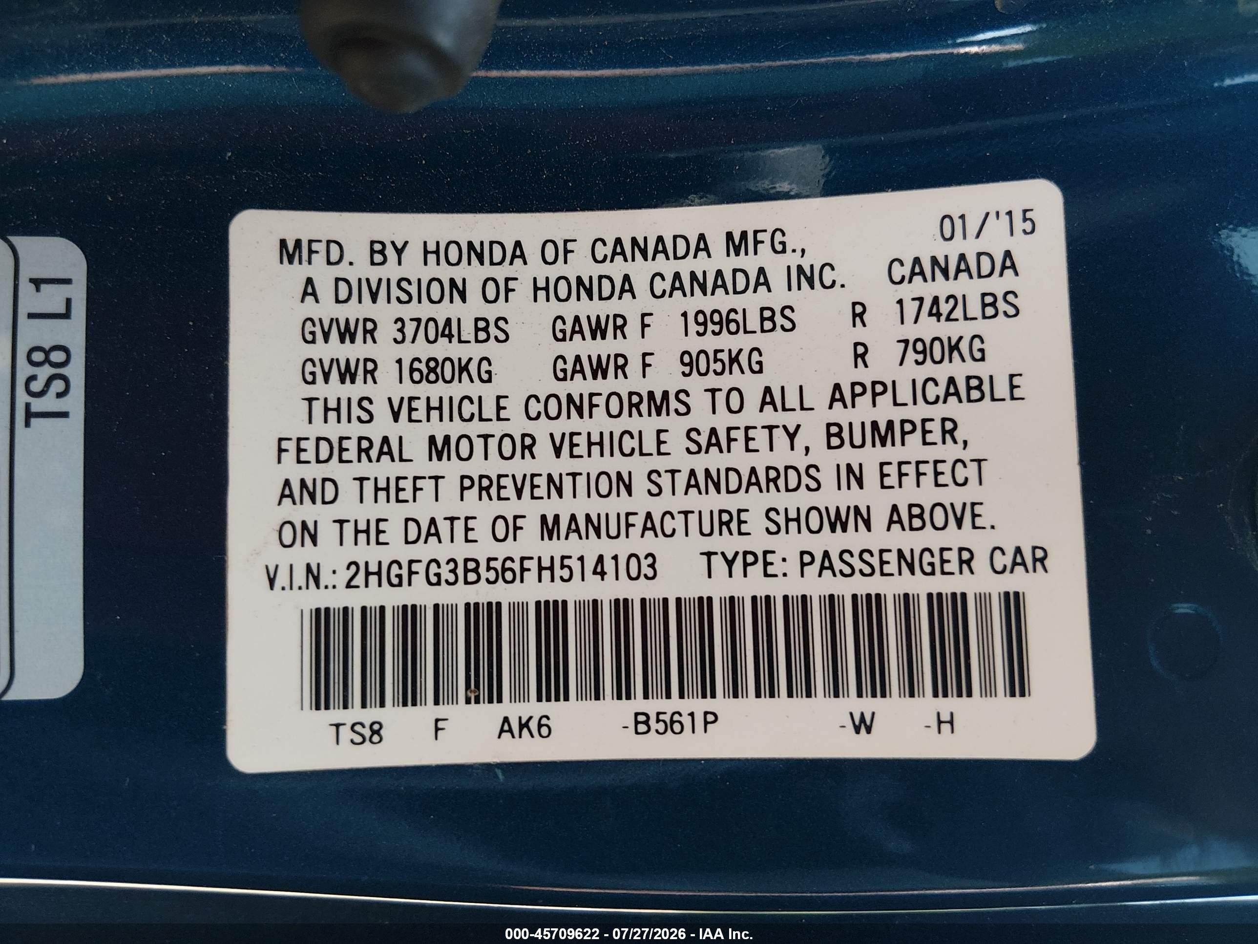 2015 Honda Civic Lx Blue vin: 2HGFG3B56FH514103