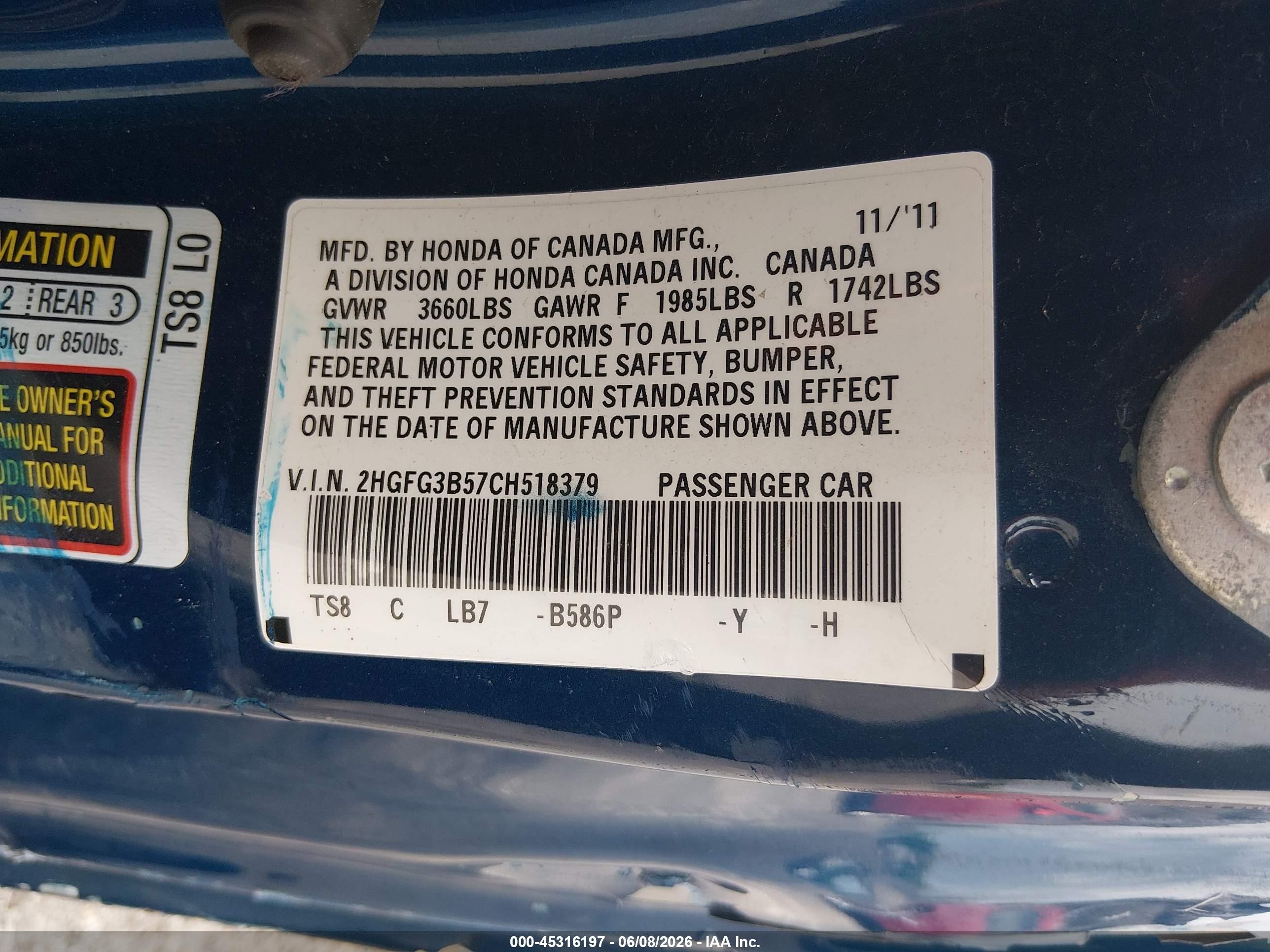 2012 Honda Civic Lx Синий vin: 2HGFG3B57CH518379