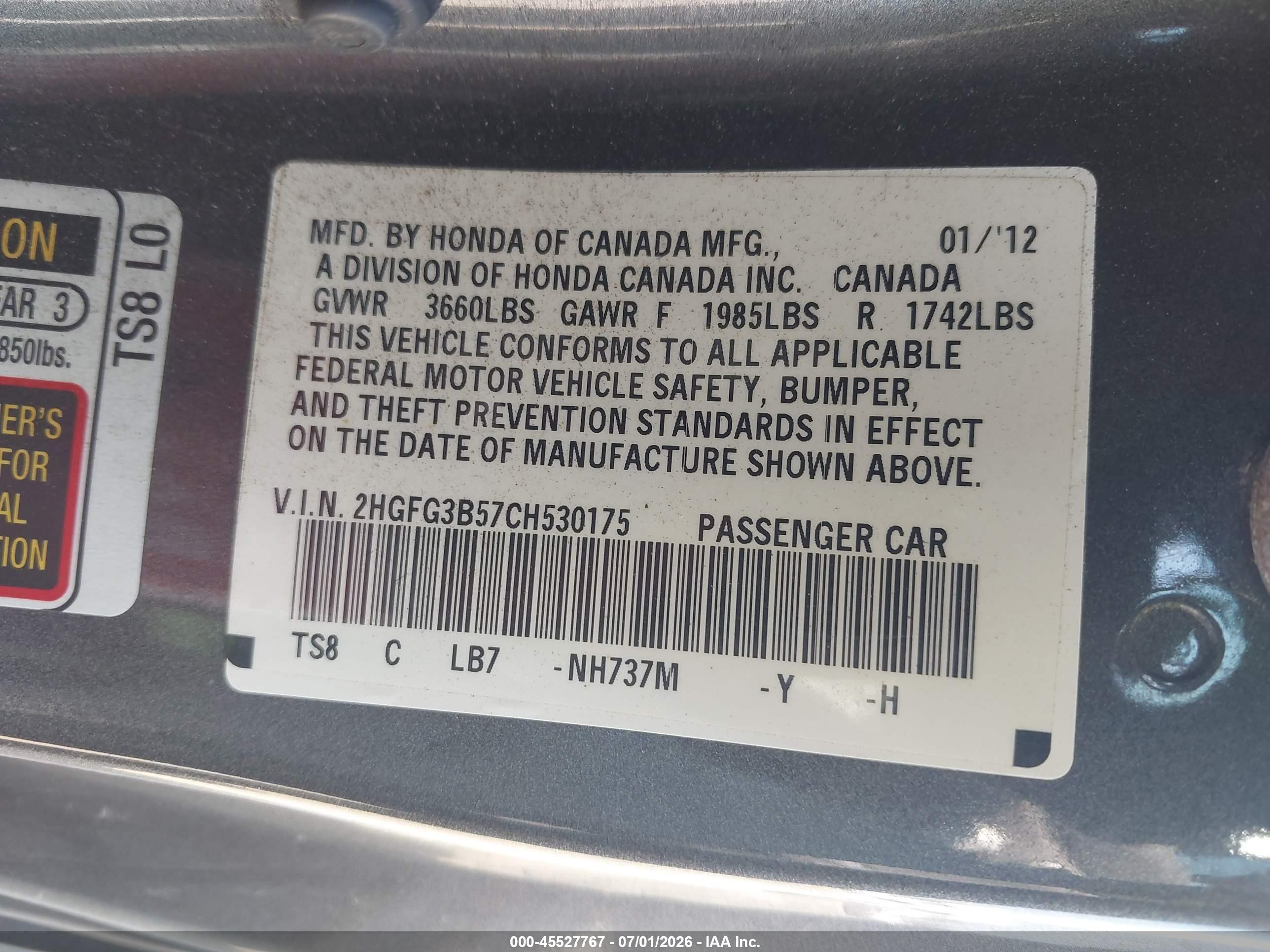 2012 Honda Civic Lx Gray vin: 2HGFG3B57CH530175