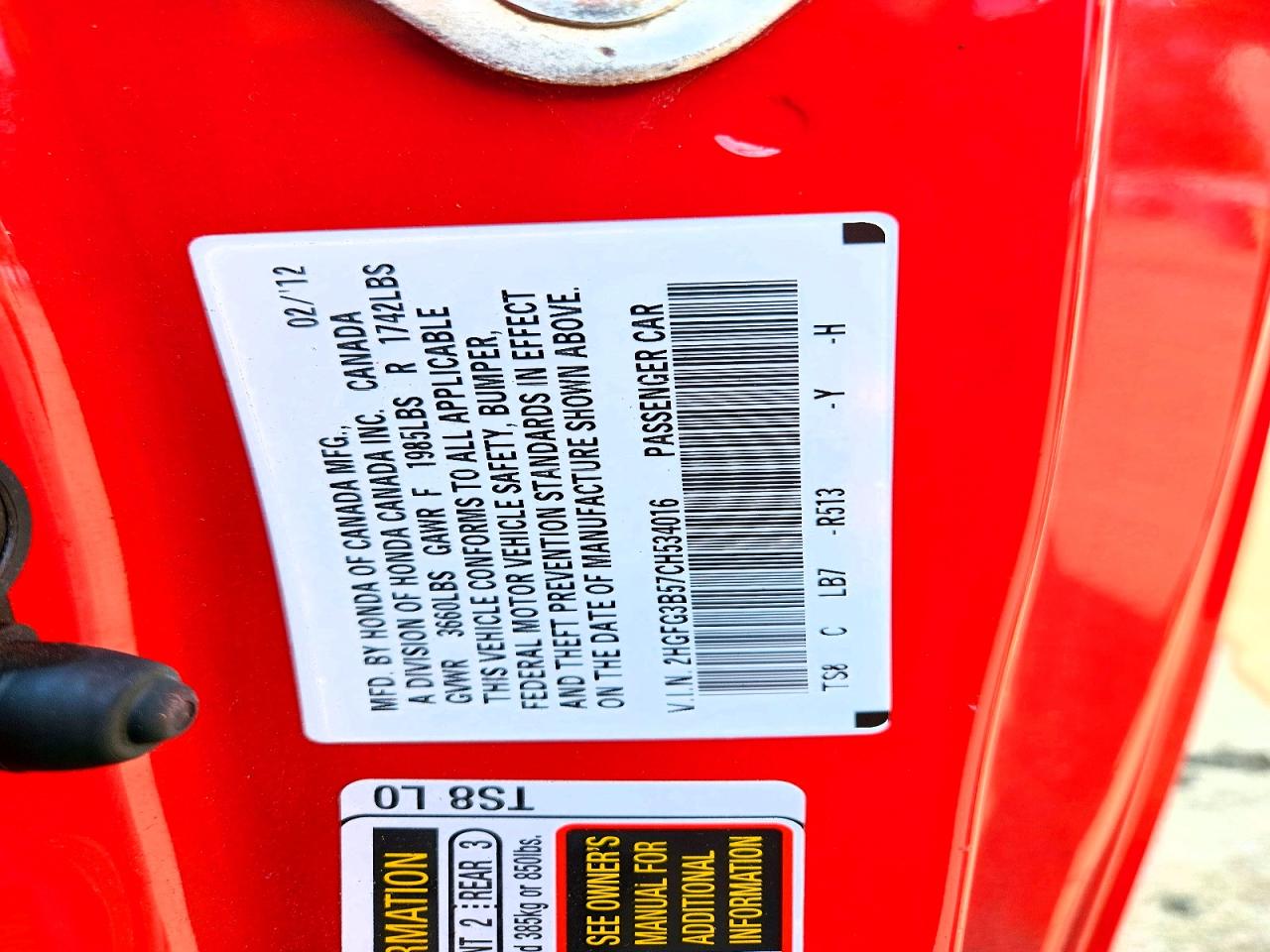2012 Honda Civic Lx Red vin: 2HGFG3B57CH534016