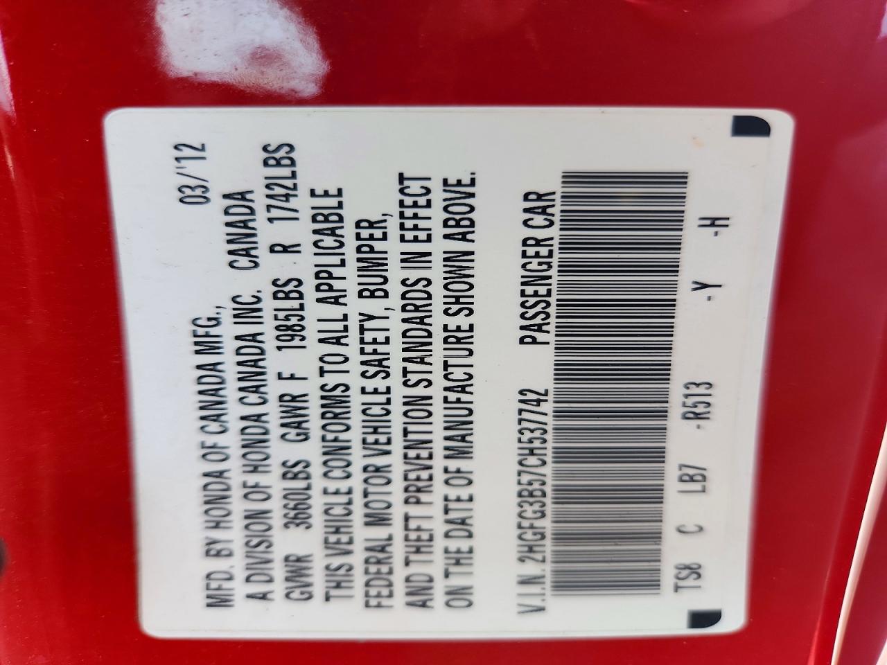 2012 Honda Civic Lx Red vin: 2HGFG3B57CH537742