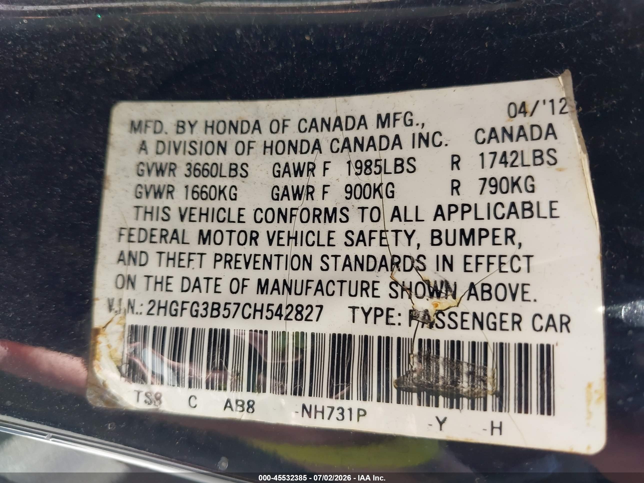 2012 Honda Civic Lx Black vin: 2HGFG3B57CH542827