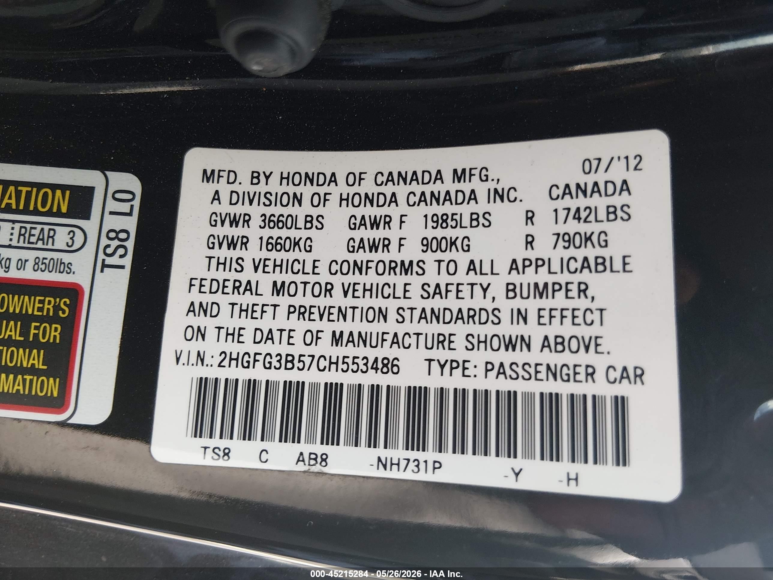 2012 Honda Civic Lx Black vin: 2HGFG3B57CH553486