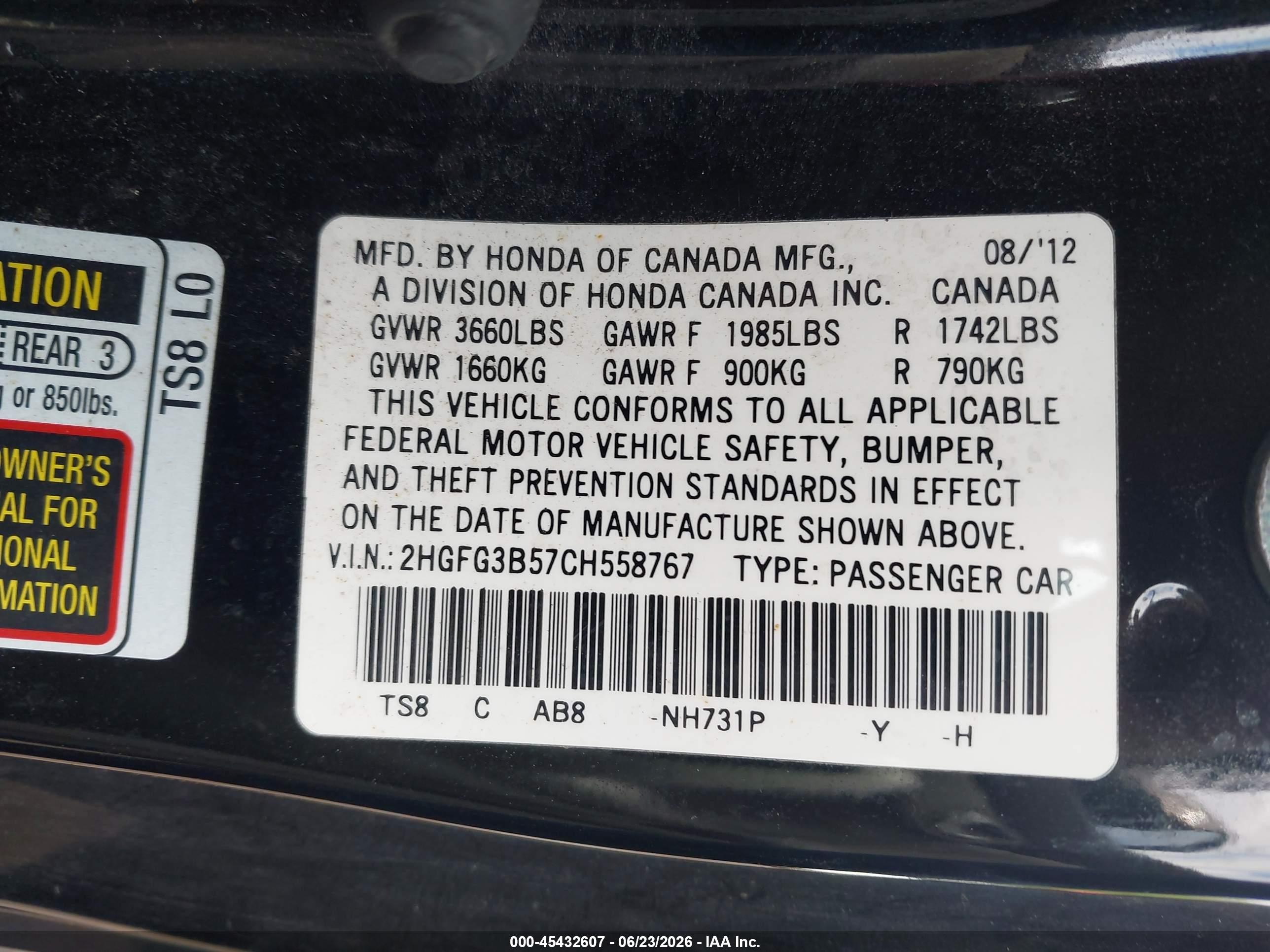 2012 Honda Civic Lx Black vin: 2HGFG3B57CH558767
