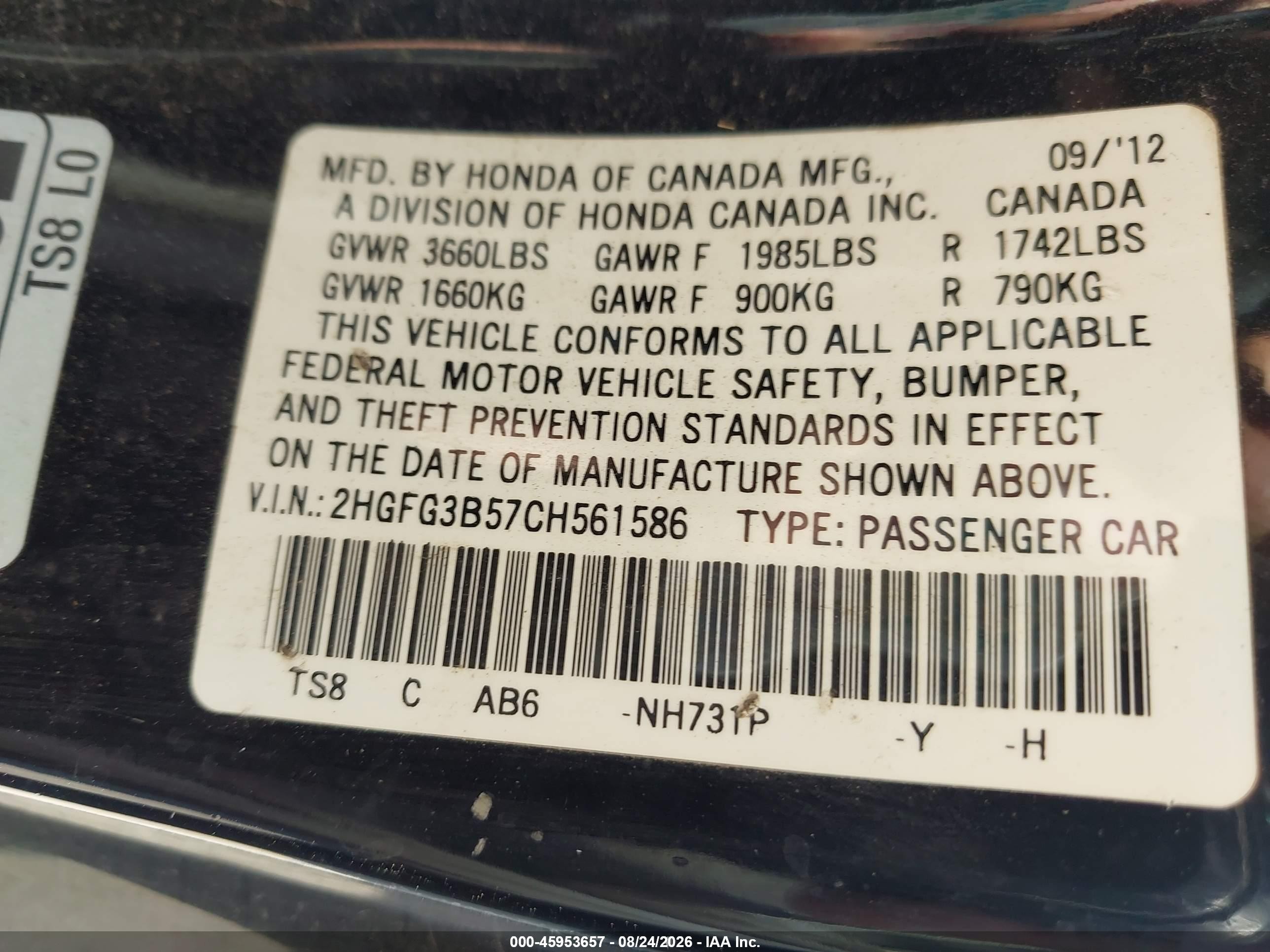 2012 Honda Civic Lx Black vin: 2HGFG3B57CH561586