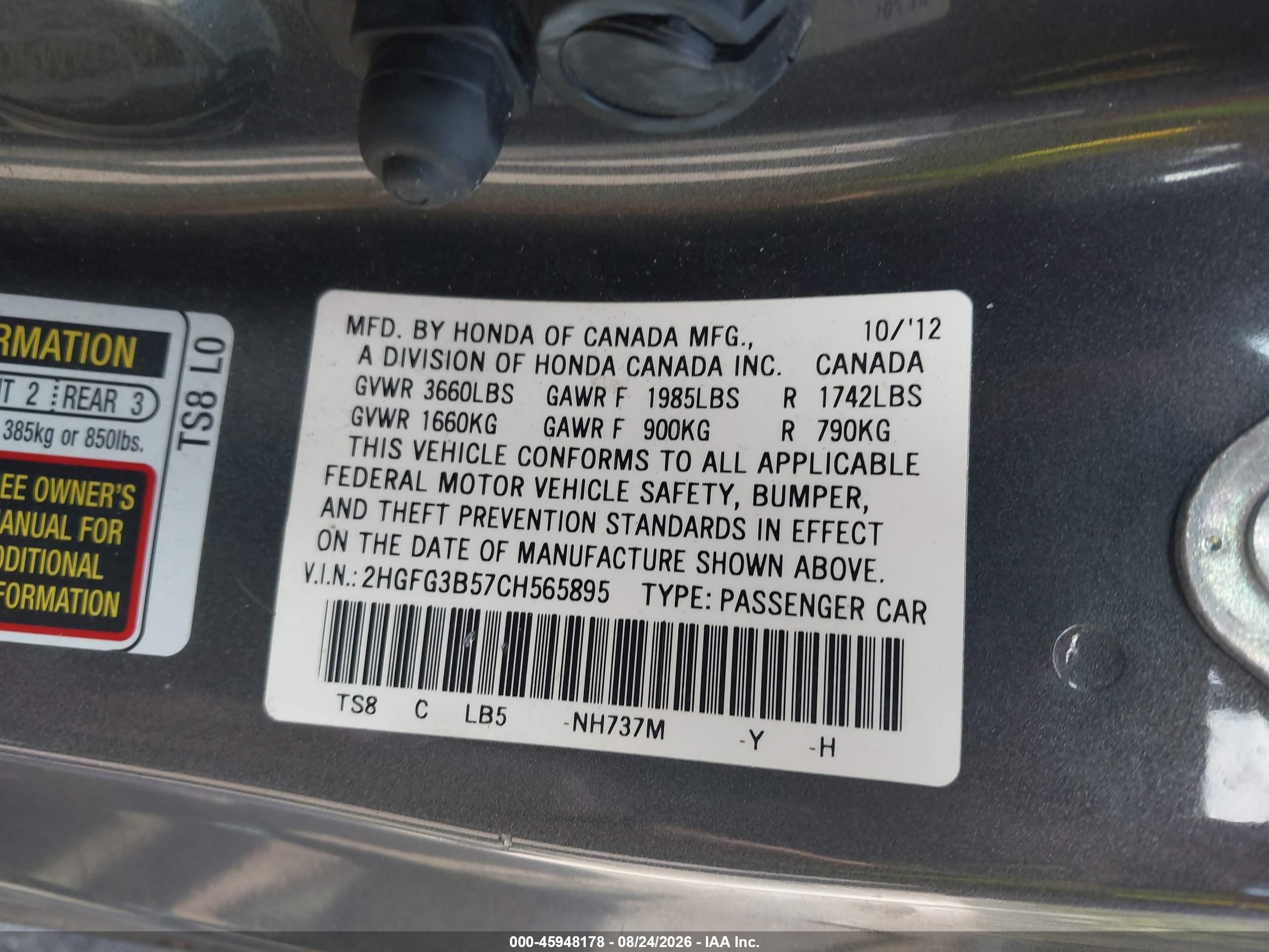 2012 Honda Civic Lx Gray vin: 2HGFG3B57CH565895