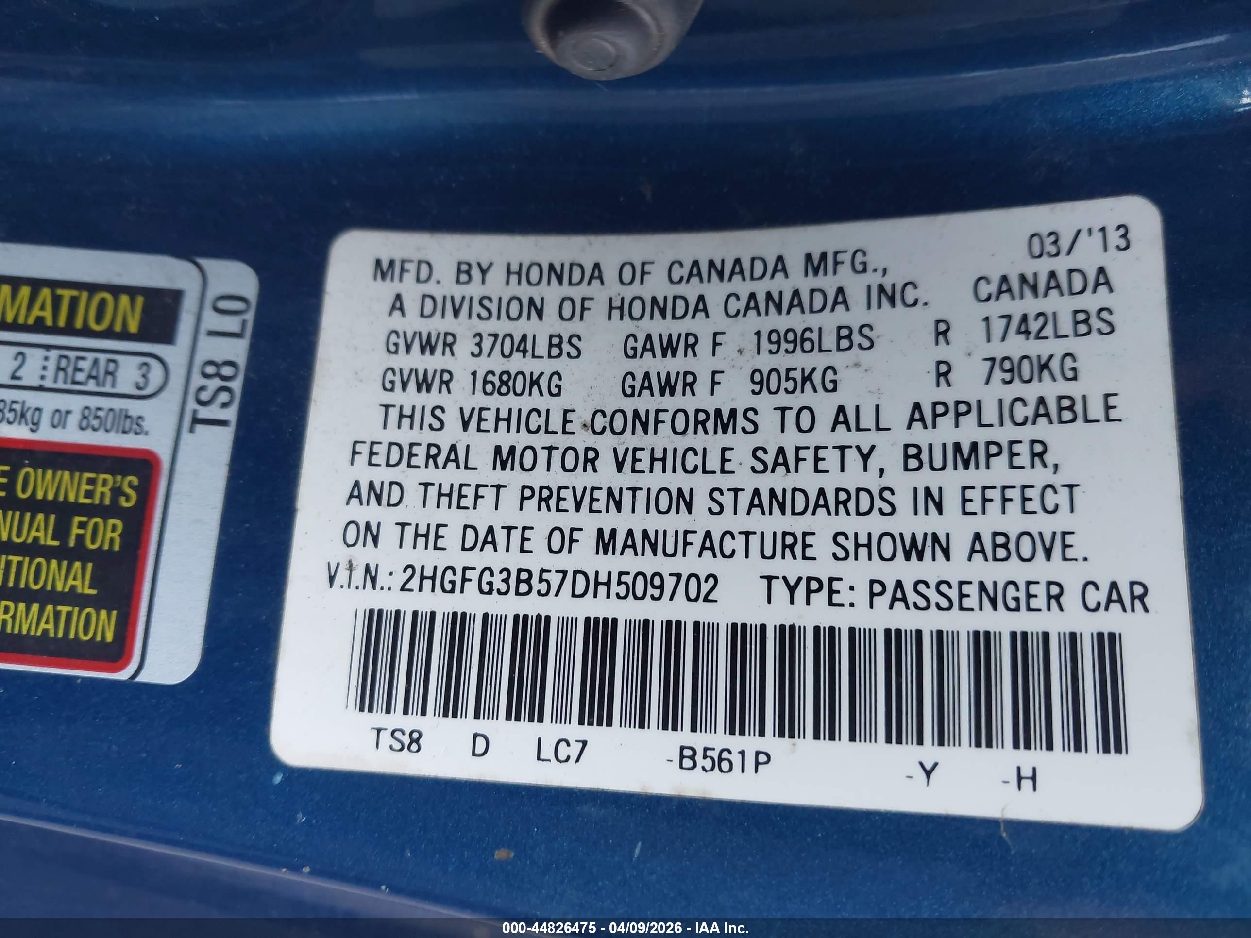 2013 Honda Civic Lx Blue vin: 2HGFG3B57DH509702